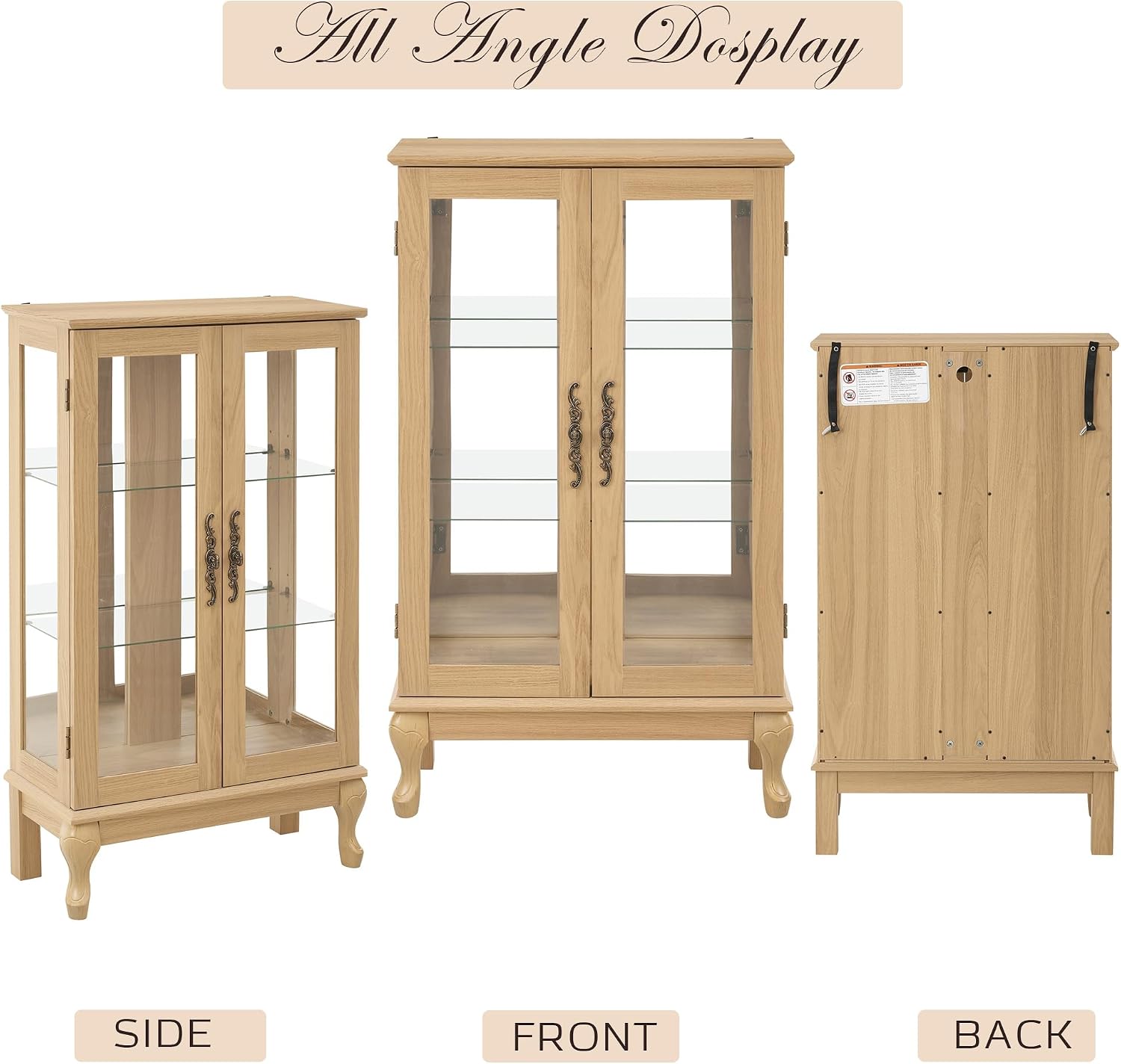44' Small Lighted Glass Accent Curio Cabinet, Vintage China Cage with 2 Tempered Glass Doors & Adjustable Shelves, Acrylic Mirrored Pane, Elegant Wine Artwork Showcase Rack for Living Room (Oak)