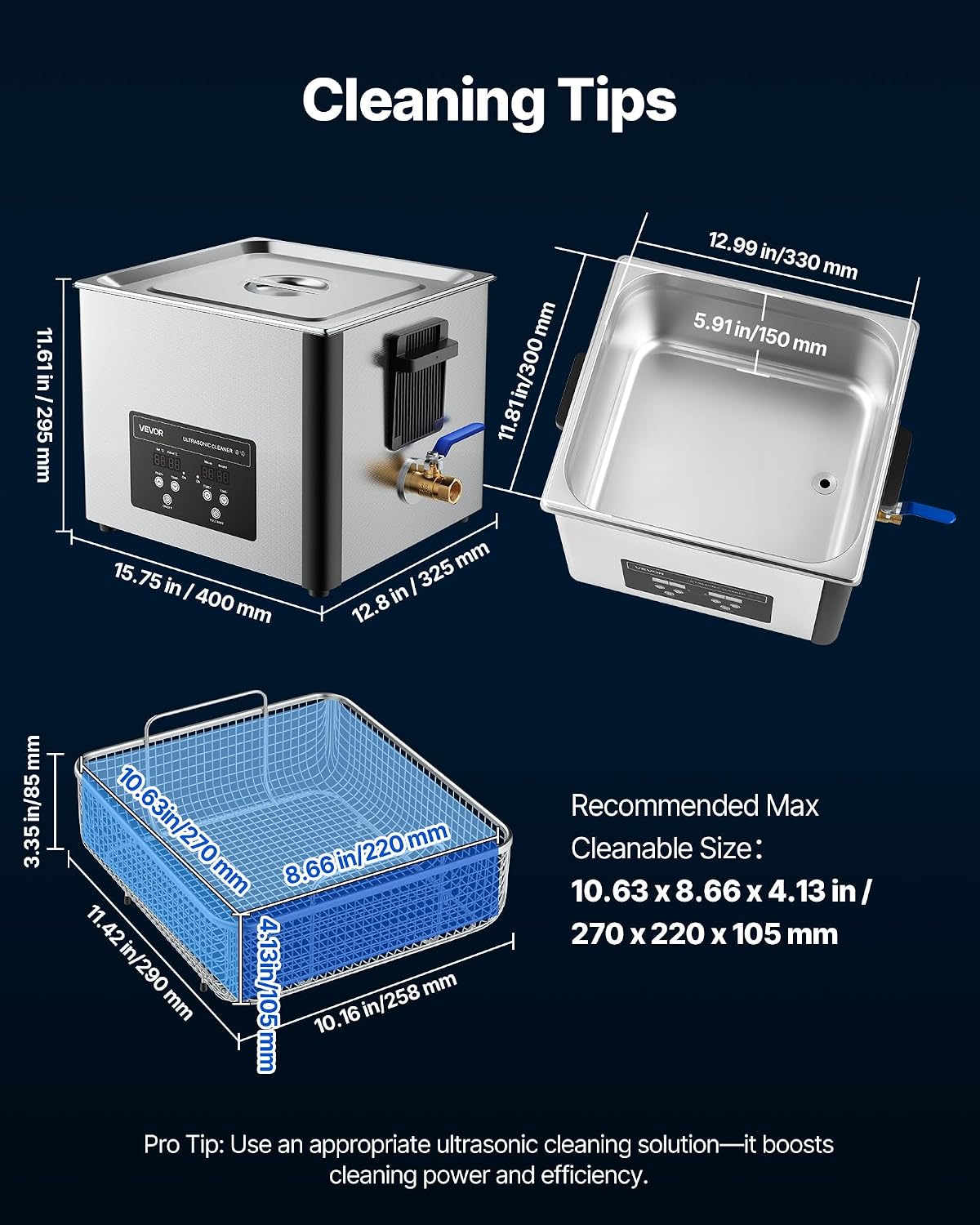 VEVOR 15L Ultrasonic Cleaner, Professional Ultrasonic Cleaner Machine with Cleaning Basket & Digital Display, 240W Stainless Steel 40kHz Industrial Cleaning Machine for Parts, Carburetors, Instruments