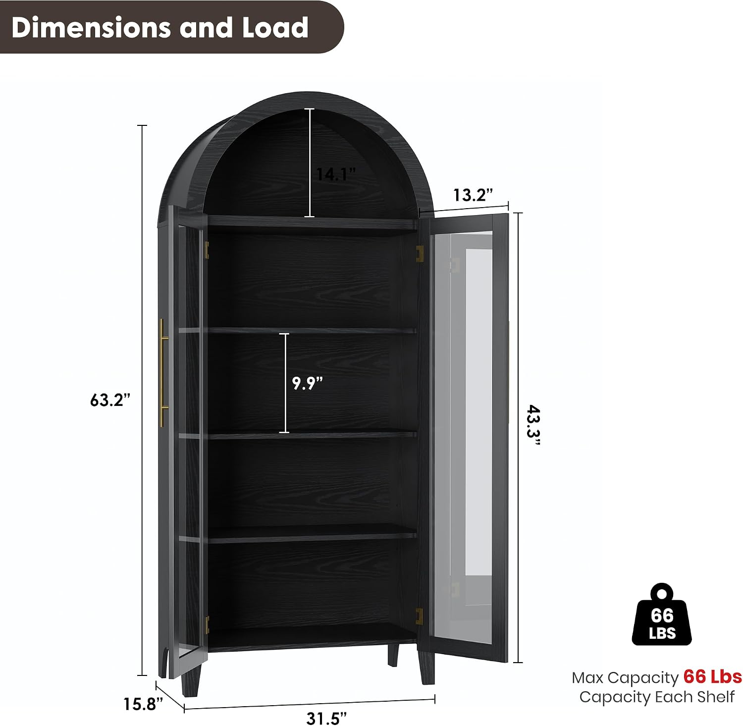 IDEALHOUSE Arched Kitchen Pantry Storage Cabinet - Farmhouse 5-Tier Display Shelf with 2 Large Glass Doors and Adjustable Shelf, Versatile Cupboard for Kitchen, Dining Room, Living Room, Black