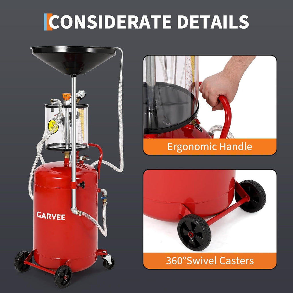 Garvee 20 Gallon Waste Oil Drain Tank, Air Operated Portable Oil Drainer with Adjustable Funnel, Fluid Fuel Transfer Drainage with Wheels, Oil Change Container for Automotive Workshops