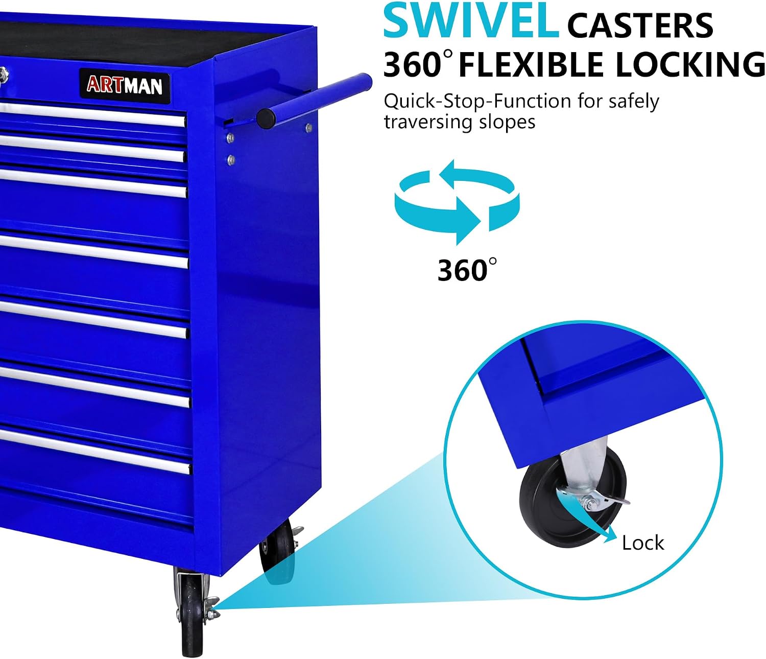 7 Drawers Tool Cart on Wheels, 7 Drawer Rolling Tool Chest with Key Lock, Trolley Organizer Tool Case, Multifunctional Rolling Tool Box for Garage,Warehouse,Workshop,Repair Shop (Blue)