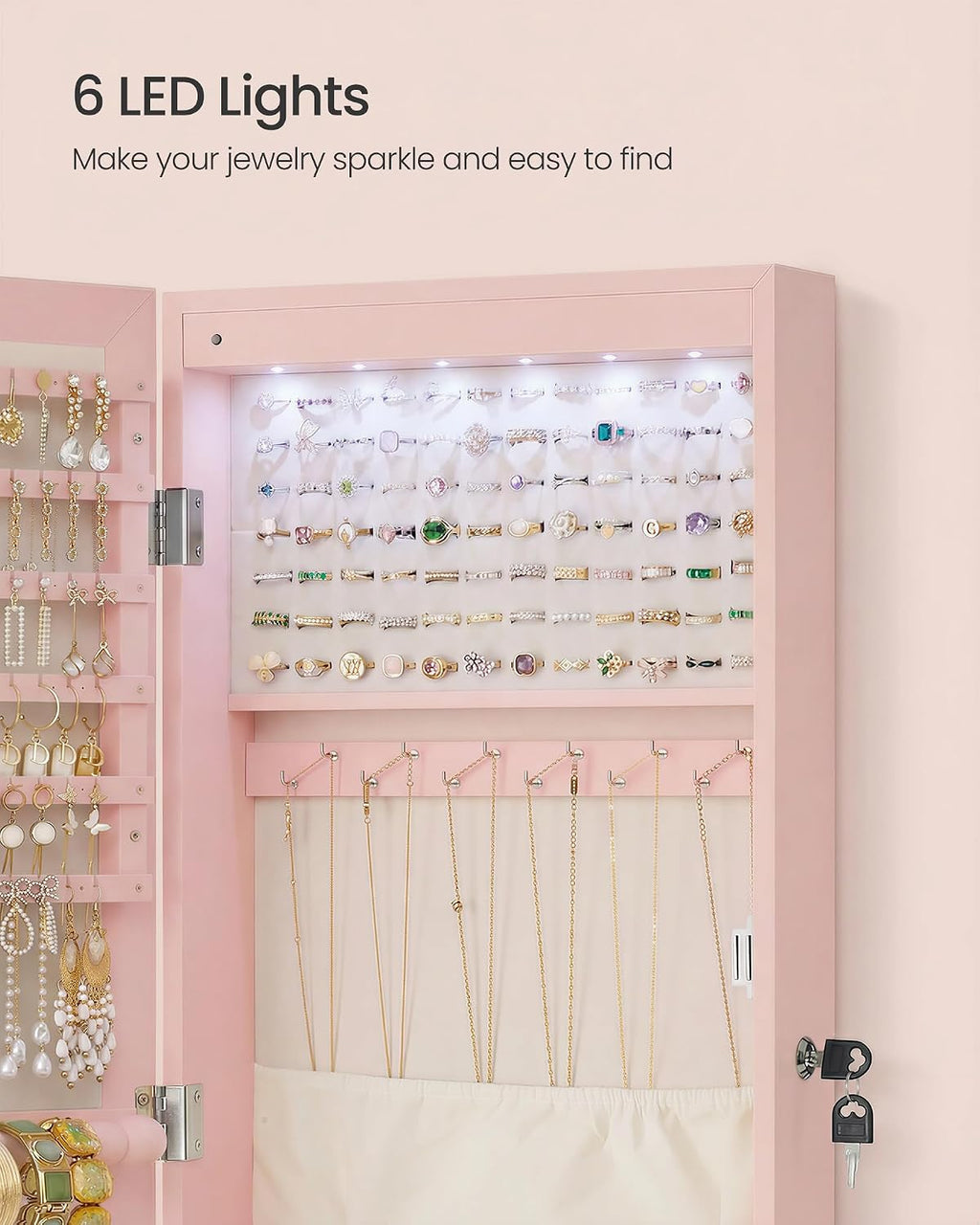 SONGMICS 6 LEDs Mirror Jewelry Cabinet, 47.2-Inch Tall Lockable Wall or Door Mounted Jewelry Armoire Organizer with Mirror, 2 Drawers, 3.9 x 14.6 x 47.2 Inches, Jelly Pink UJJC093SA02S