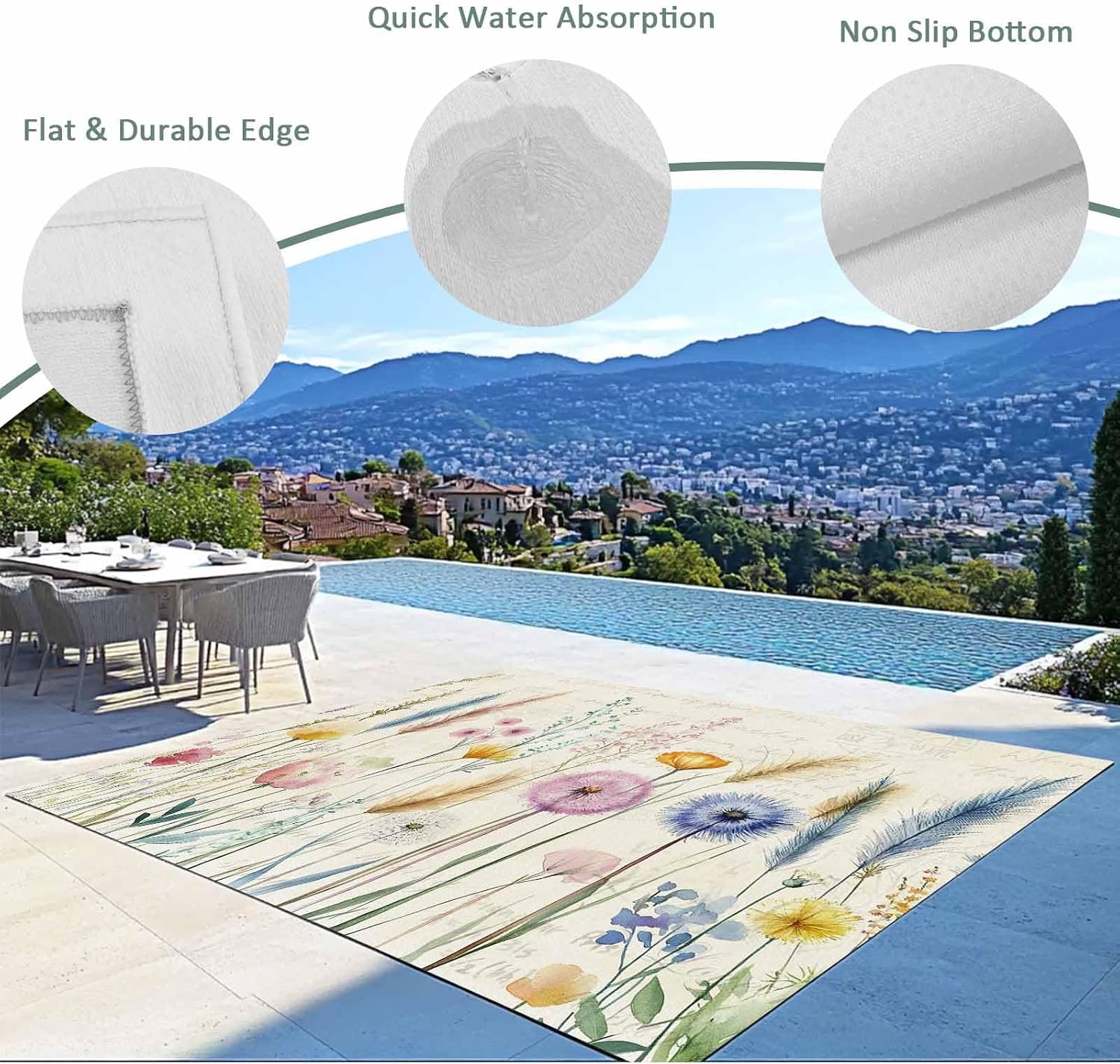 Outdoor Rug 4x6ft Spring Watercolor Flowers Patio Area Rugs Retro Beige Postcard Texture Waterproof Easy Cleaning Non Shedding Thick Mats Carpet for Indoor Outdoor Porch Deck Backyard Balcony