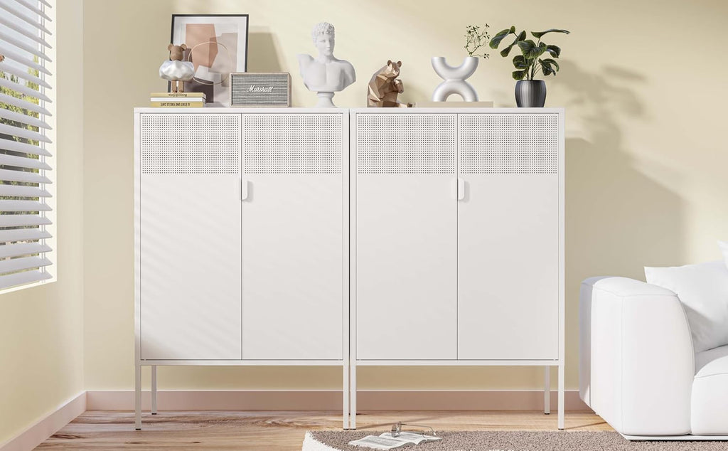 Chshin Metal Storage Cabinet,Kitchen Pantry Storage Cabinets with Doors,Buffet Cabinet with 2 Adjustable Shelves,White Pantry Cabinets,Steel Sideboard for Home,Shoes,Office,Dining Room