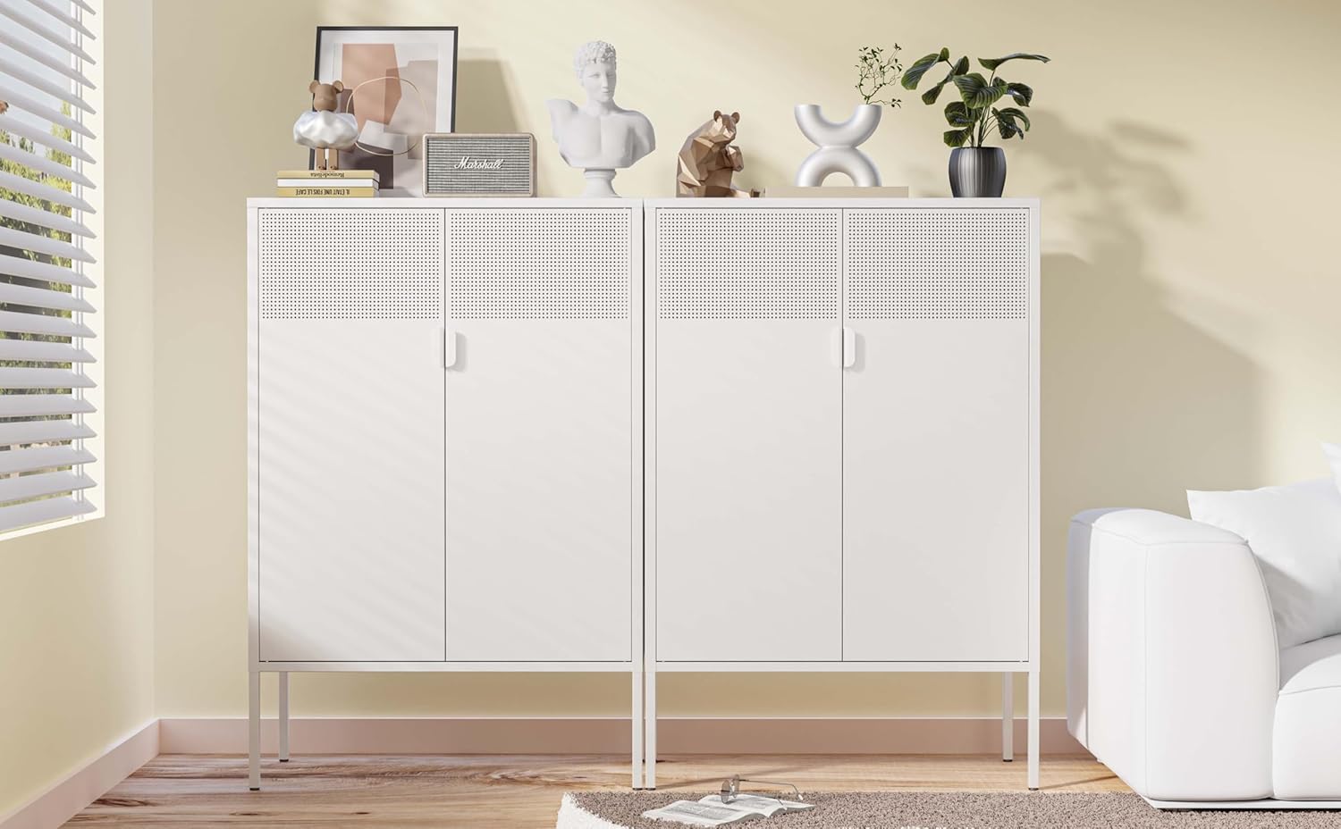 Chshin Metal Storage Cabinet,Kitchen Pantry Storage Cabinets with Doors,Buffet Cabinet with 2 Adjustable Shelves,White Pantry Cabinets,Steel Sideboard for Home,Shoes,Office,Dining Room
