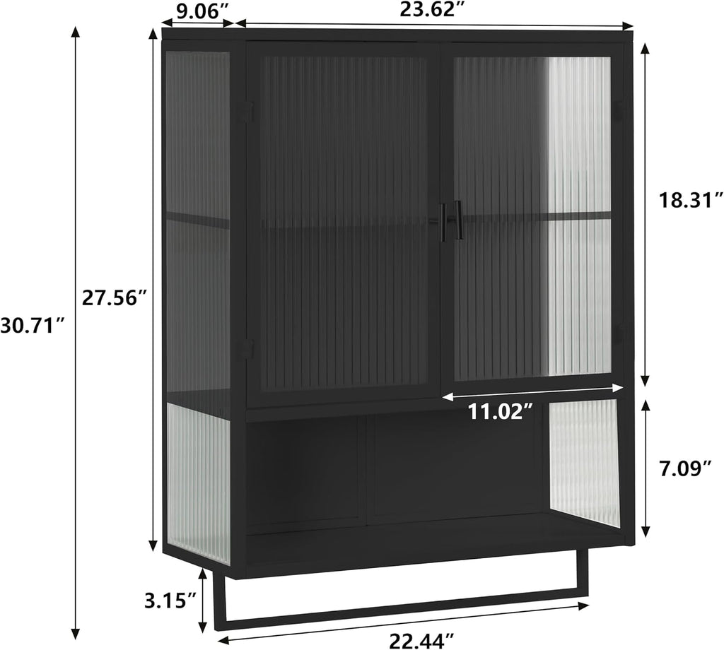 Retro Style Haze Double Glass Door Wall Cabinet with Detachable Shelves for Office, Dining Room,Living Room, Kitchen and Bathroom Mint Black