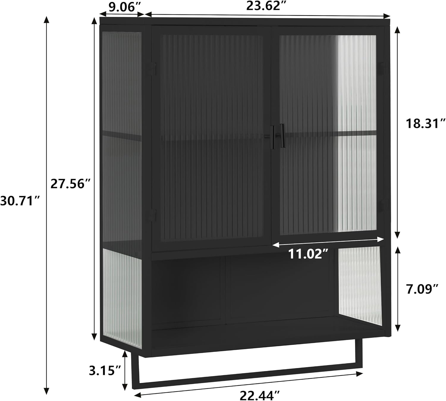 Retro Style Haze Double Glass Door Wall Cabinet with Detachable Shelves for Office, Dining Room,Living Room, Kitchen and Bathroom Mint Black