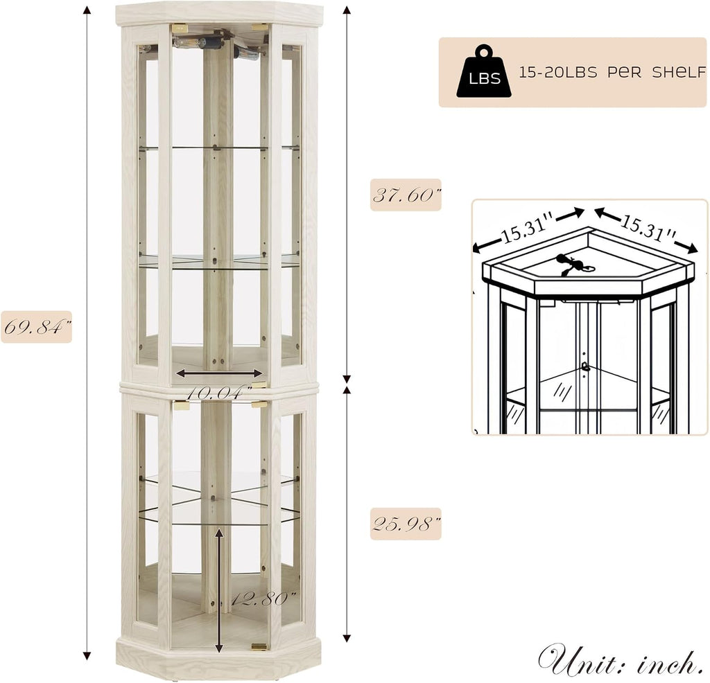 70' Lighted Corner Curio Cabinet, Curved Wood China Display Case with Tempered Glass Doors & Adjustable Shelves, Light Bulb Included, Tall Wine Storage Rack for Bar and Liquor Storage (White)