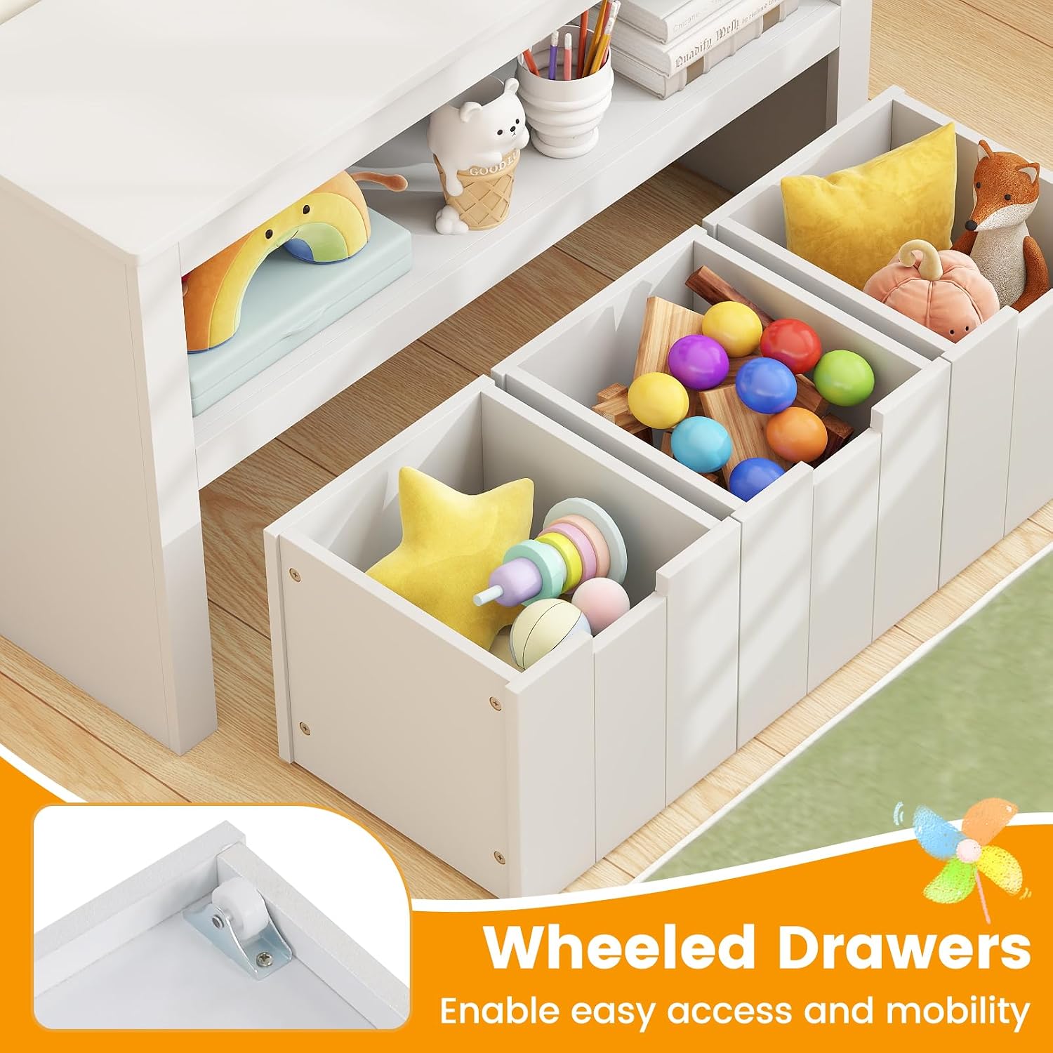 HONEY JOY Kids Toy Storage Organizer, Children Daycare Shelf, 3 Wooden Toy Box w/Wheels, Toddler Classroom Display Cabinet for Playroom, Nursery, Kindergarten (White)