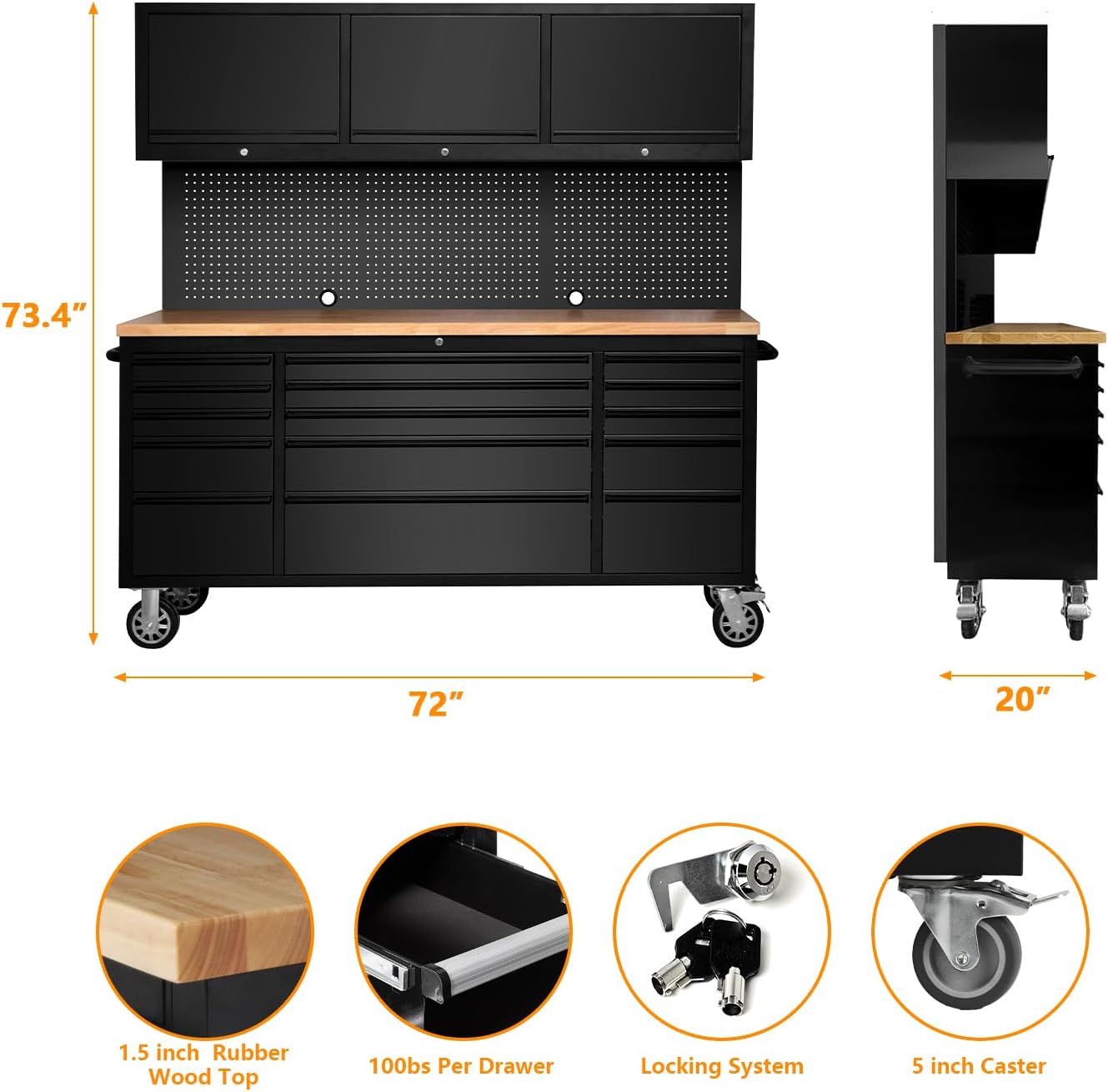 75' Tool Chest Tool Box, Heavy Duty Tool Chest Cabinet with 15 Drawers and 3 Upper Cabinets Combination Tool Cabinet, Large Tool Bench Organizer with Wood Top and Pegboard for Garage, Black