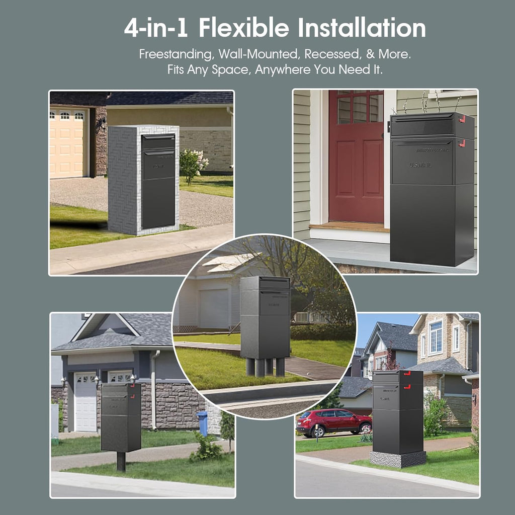 Large Secure Package Delivery Box for Outside with Key Lock, 48 * 23 * 21', Stainless Steel, 42 Gallon, Anti-Theft, Rust-Proof,Waterproof Box for Packages Delivery Outdoor（Black