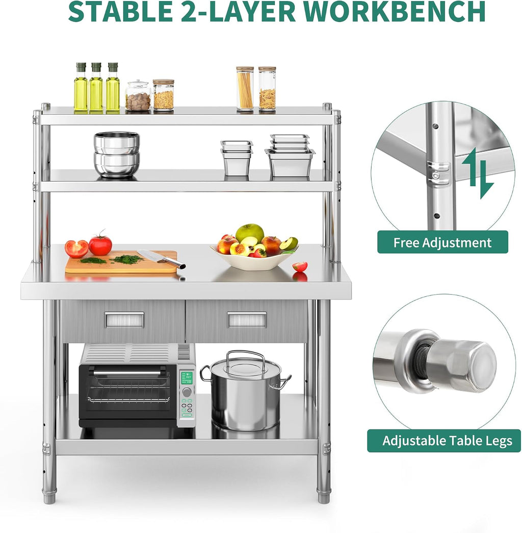 YITAHOME 48' × 24' Stainless Steel Table with Overshelves and 2 Drawers, NSF Worktable with 48' X 12' Shelf & 2 Drawers, Metal Prep Workstation for Home Kitchen Restaurant Garage Warehouse