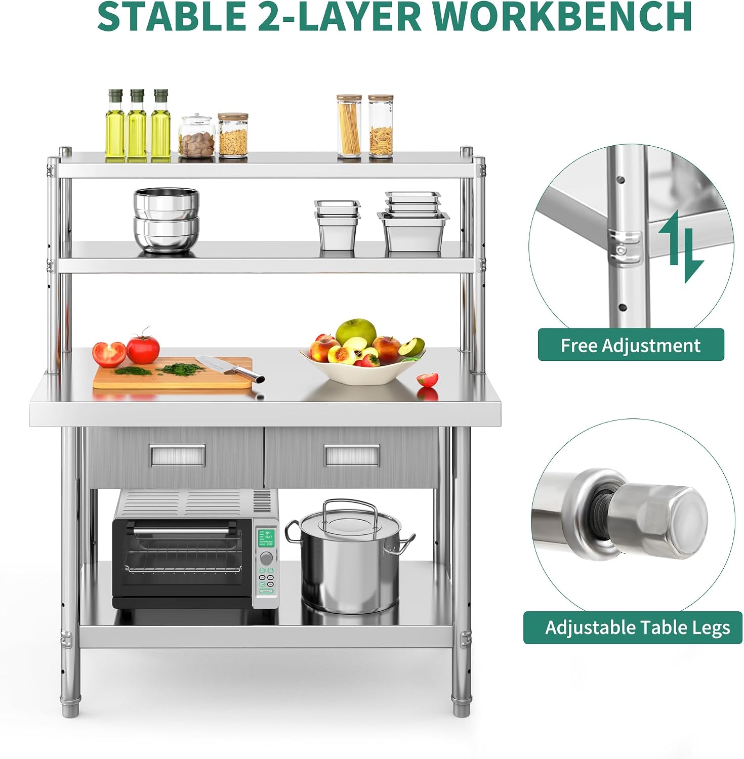 YITAHOME 48' × 24' Stainless Steel Table with Overshelves and 2 Drawers, NSF Worktable with 48' X 12' Shelf & 2 Drawers, Metal Prep Workstation for Home Kitchen Restaurant Garage Warehouse