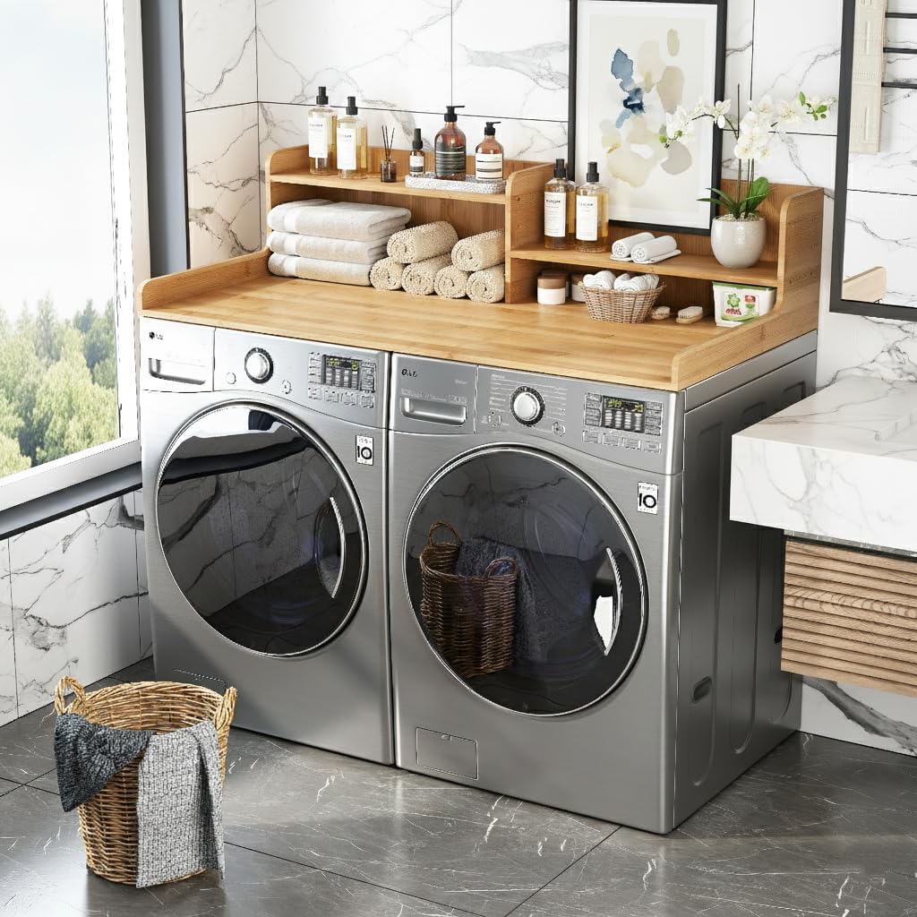 2-Tier Washer and Dryer Countertop w 54' W x 27.5' D Laundry Countertop Cover with Non-Slip Pad,Large Space Laundry Topper for Folding Clothes Over Washer and Dryer (Black)
