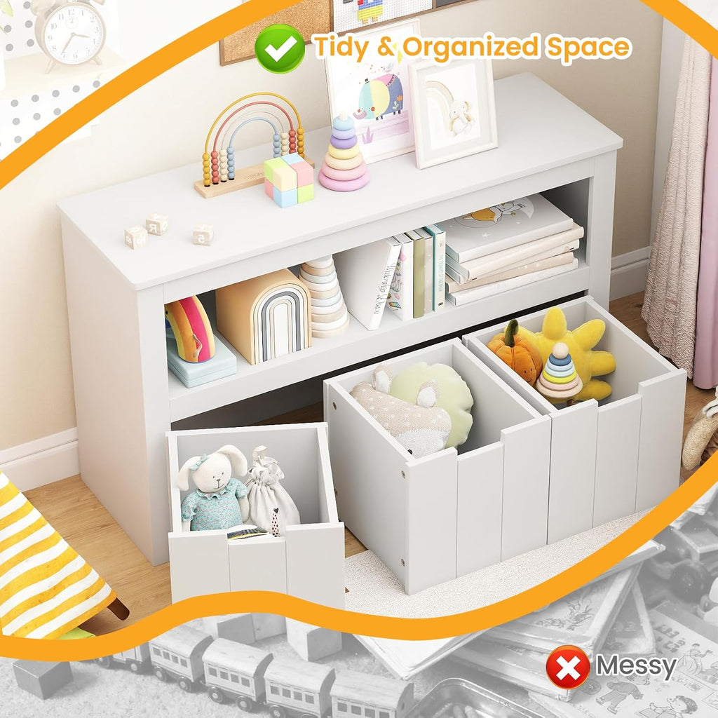 HONEY JOY Kids Toy Storage Organizer, Children Daycare Shelf, 3 Wooden Toy Box w/Wheels, Toddler Classroom Display Cabinet for Playroom, Nursery, Kindergarten (White)