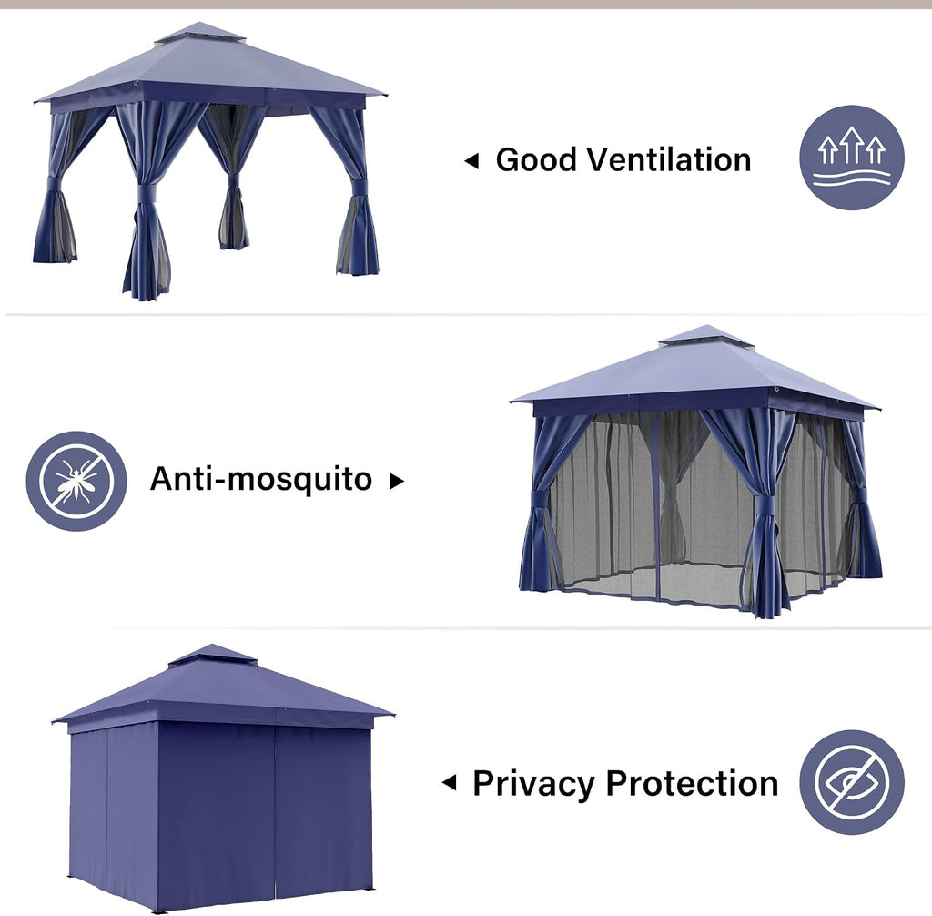LAUSAINT HOME Patio Gazebo 10'x10', Outdoor Heavy Duty Party Tent Shelter with Double Roofs, Mosquito Nettings and Privacy Screens for Backyard, Garden, Lawn, Navy Blue