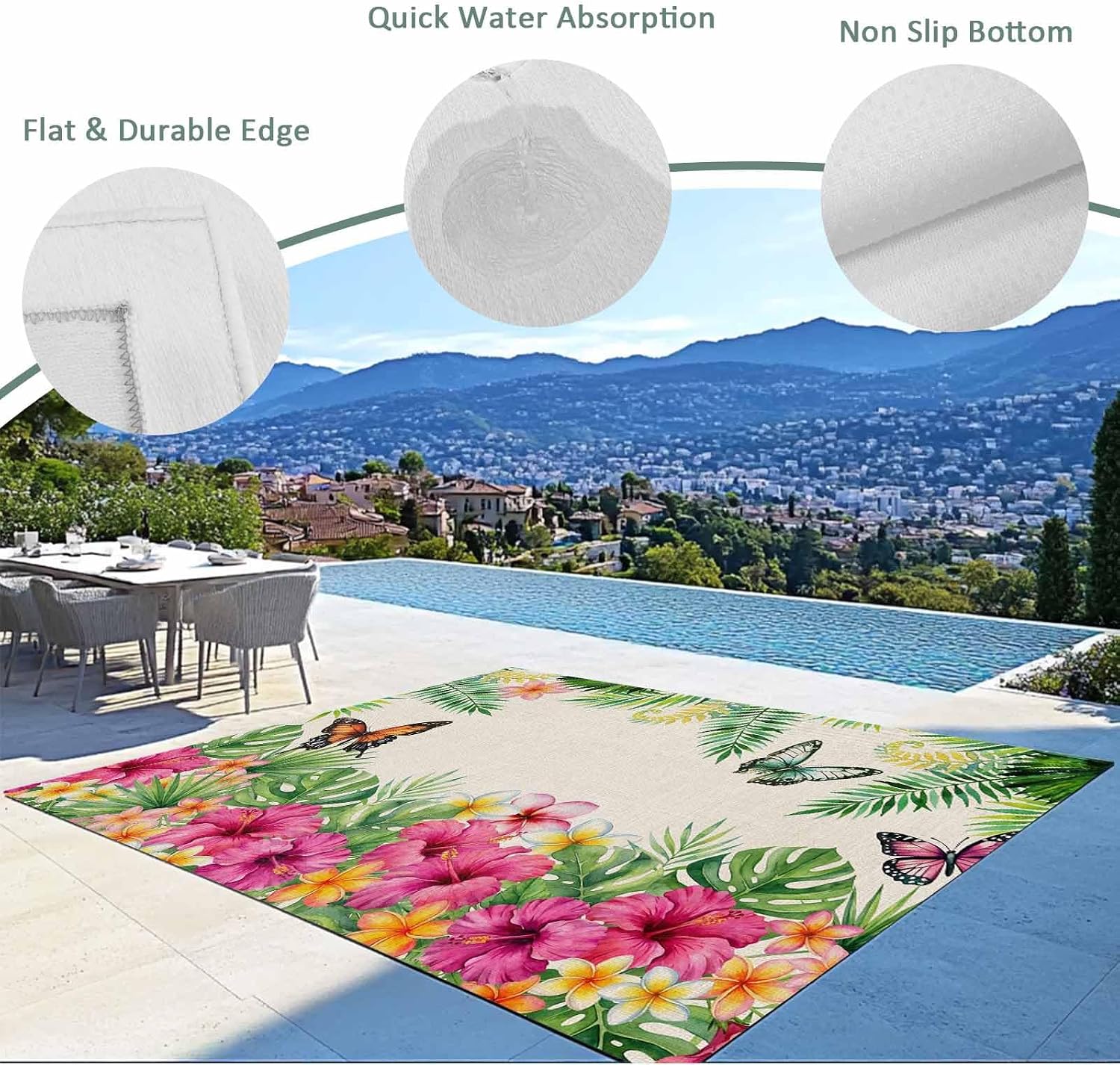 Outdoor Rug 6x9ft Vintage Tropical Plants Butterflies Patio Area Rugs Waterproof Easy Cleaning Non Shedding Thick Mats Gardenia Flower Carpet for Indoor Outdoor Porch Deck Backyard Balcony