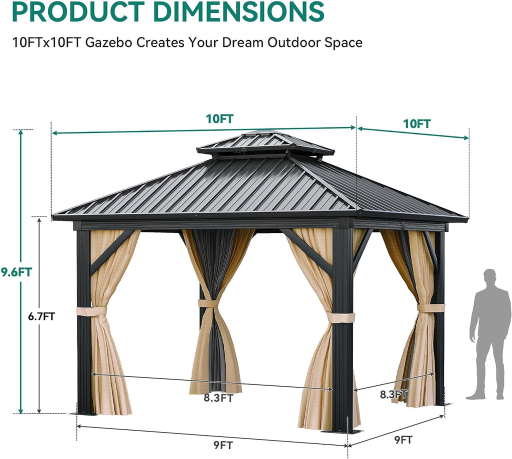 YITAHOME 10x10ft Hardtop Gazebo with Nettings and Curtains, Heavy Duty Double Roof Galvanized Steel Outdoor Combined of Horizontal Vertical Stripes Roof for Patio, Backyard, Deck, Lawn Brown