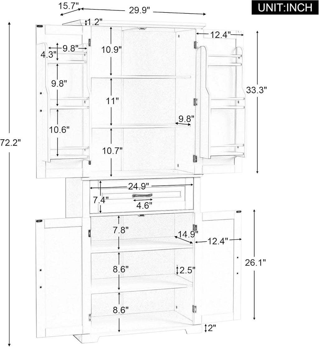 72.2' Storage Cabinet with Doors and Drawers, Tall and Wide Kicthen Pantry Cupboard Home Display Organizer with Door Shelf Rack for Bathroom, Adjustable Shelf, Gray