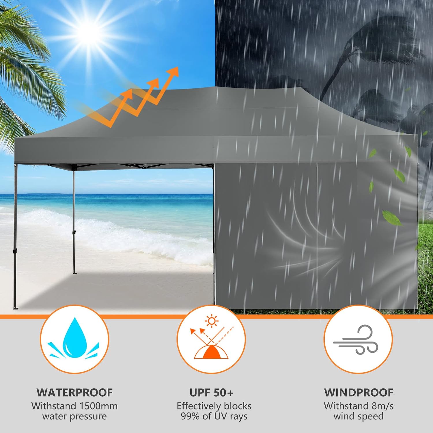 COBIZI 10x20 Pop up Canopy Tent Heavy Duty with 6 Sidewalls, Easy Set-up Commercial Outdoor Party Tents, 100% Waterproof Wedding Gazebo, 3 Height Adjustable with Wheeled Bag,Gray