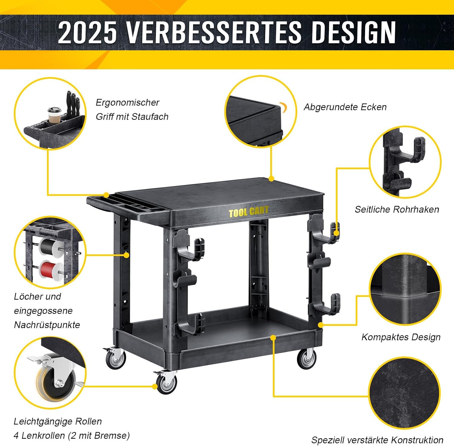 Flat Top Utility Cart Heavy Duty Flat with Full Swivel Wheels 600LBS Capacity 2 Shelf Service Cart Rolling Utility Carts with Wheels Ergonomic Handle for Warehouse,Garage,Cleaning, 45.6 X 25.2in