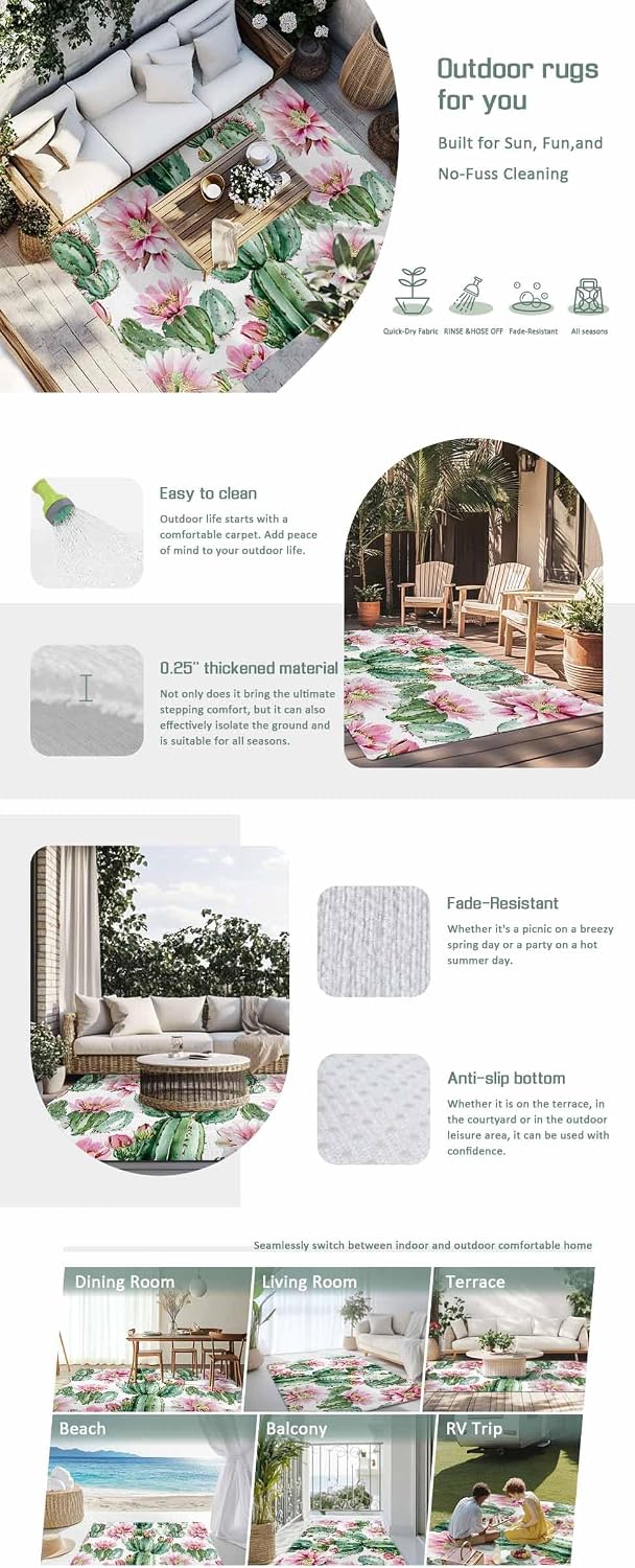Outdoor Rug 4x6ft Watercolor Pink Flower Green Cactus Patio Area Rugs Waterproof Easy Cleaning Non Shedding Thick Mats Tropical Carpet for Indoor Outdoor Porch Deck Backyard Balcony