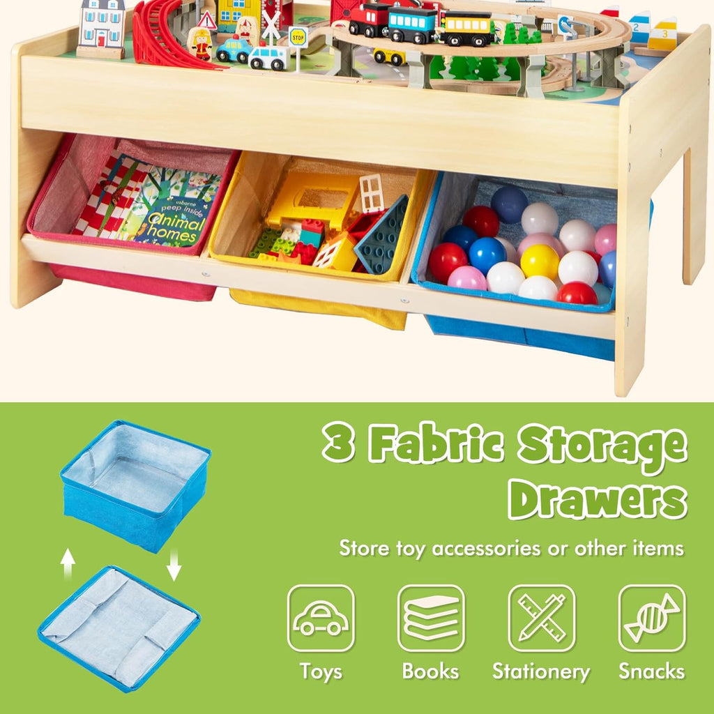 INFANS Train Table with Storage, 94 Pieces Wooden Kids Activity Toy Table Playset with 3 Foldable Boxes Reversible Detachable Tabletop, Tracks, Train, Railway, Gift for Toddler Boys Girls Ages 3+