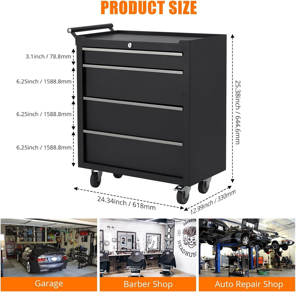 4-Drawer Tool Chest With Wheels, Rolling Tool Cart With Universal Wheels, Sliding Drawers and Protective Liner, Lockable Storage Cabinet for Garage, Workshop, Warehouse