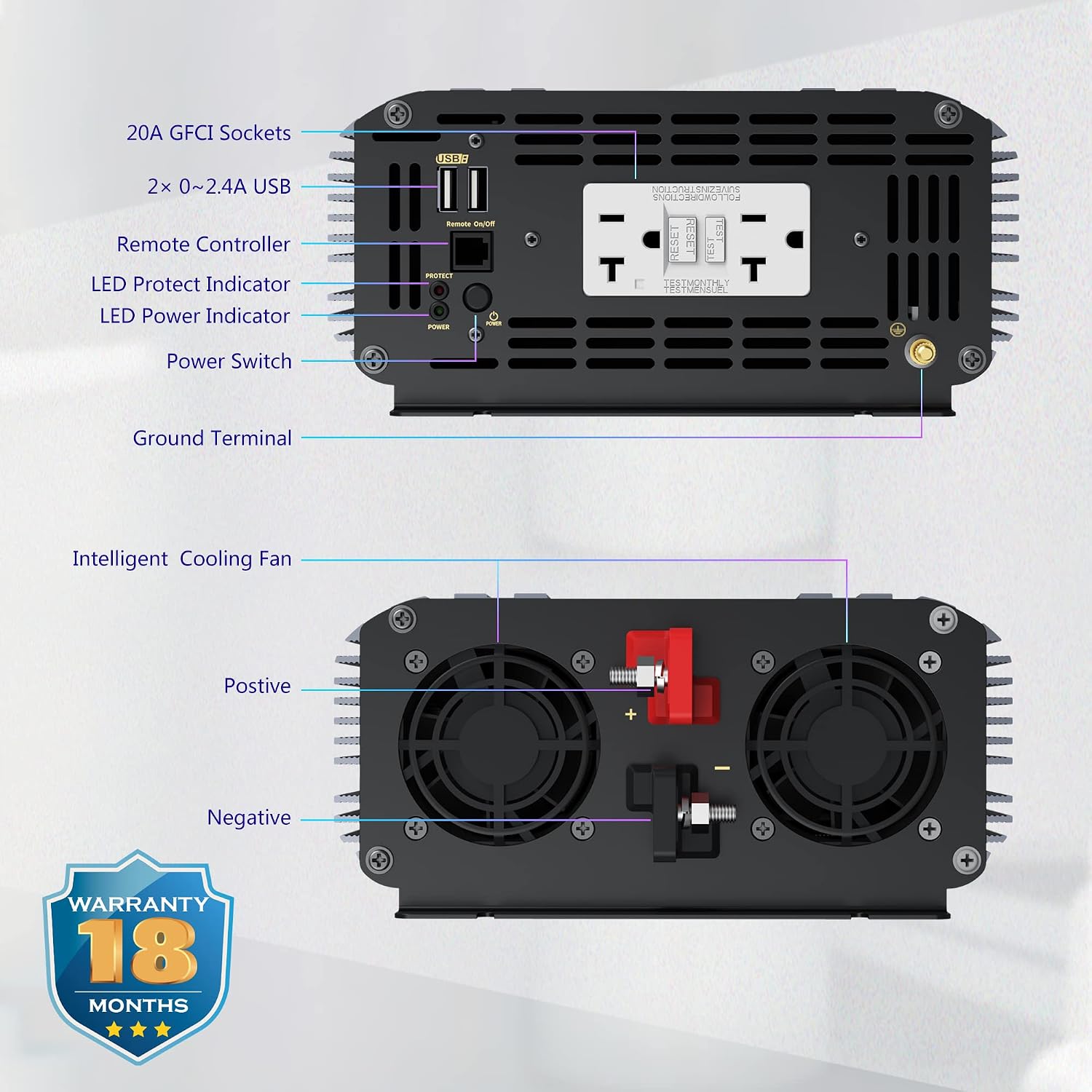 2000 Watt Pure Sine Wave Inverter 12V DC to 110V 120V AC Built-in UL Fuses FCC Approved with 20A UL Approved GFCI Outlets and 15FT Remote Control for Car Home RVs Truck Off-Grid Solar Power LEESKY