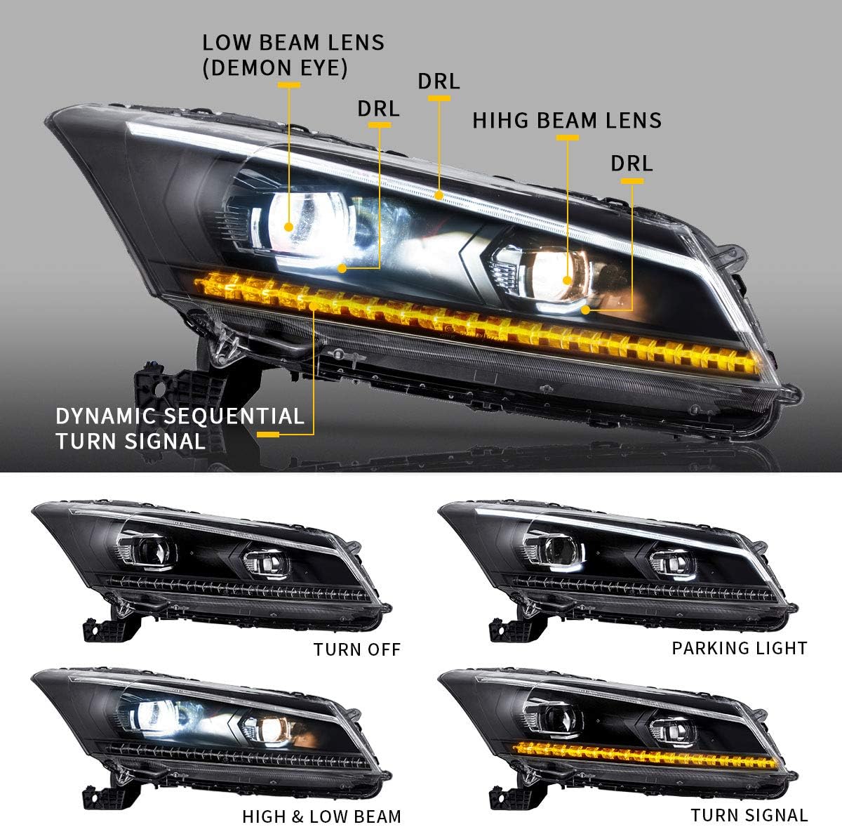 VLAND LED Projector Headlights Assembly for [Honda Accord 8th Gen 4-Dr Sedan 2008 2009 2010 2011 2012 (NOT fit 2-Dr Coupe)] with Sequential Turn Signal, YAA-HD-0145AH, Both Side (Hella)