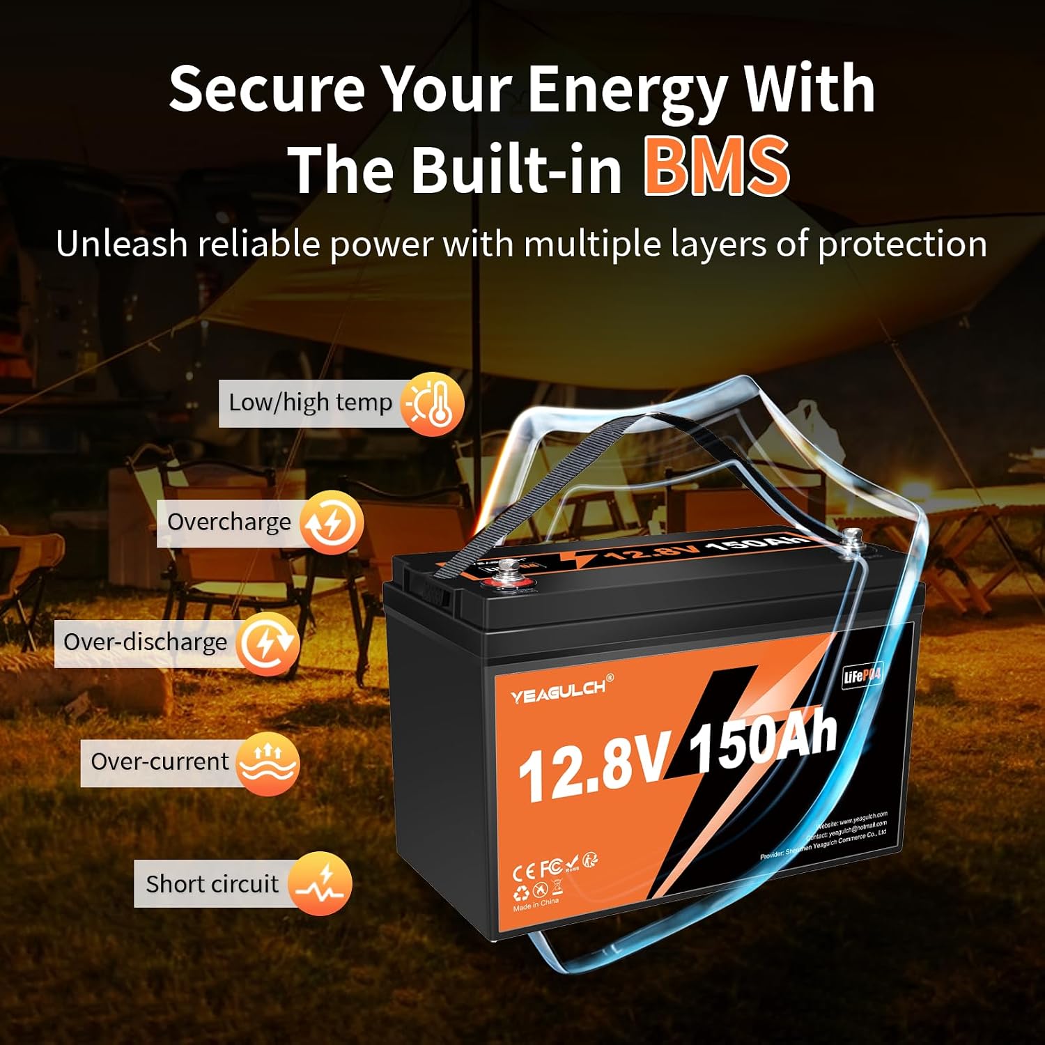 12V 150Ah LiFePO4 Lithium Battery Built-in 100A BMS Low Tem Cut Off 1920Wh 15000+ Deep Cycle Rechargable Battery for Solar, RV, Marine, Off-Grid Applications