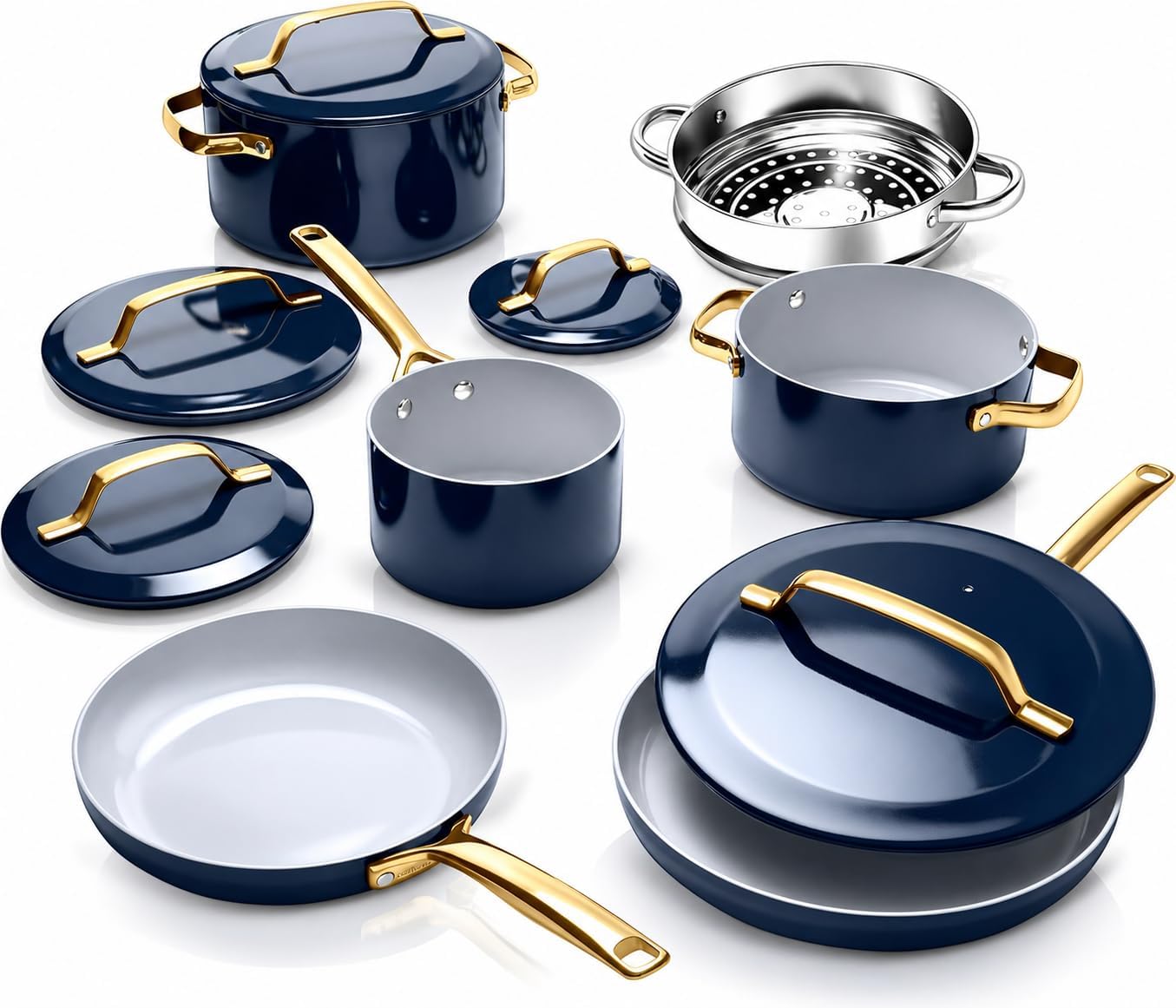 Gotham Steel Modern 11 Pc Ceramic Cookware Set, Elegantly Designed Pots and Pans Set Non Stick with Steamer, Induction Bottom, Premium Stay Cool Handles, Non Toxic PFOA Free, Oven & Dishwasher Safe