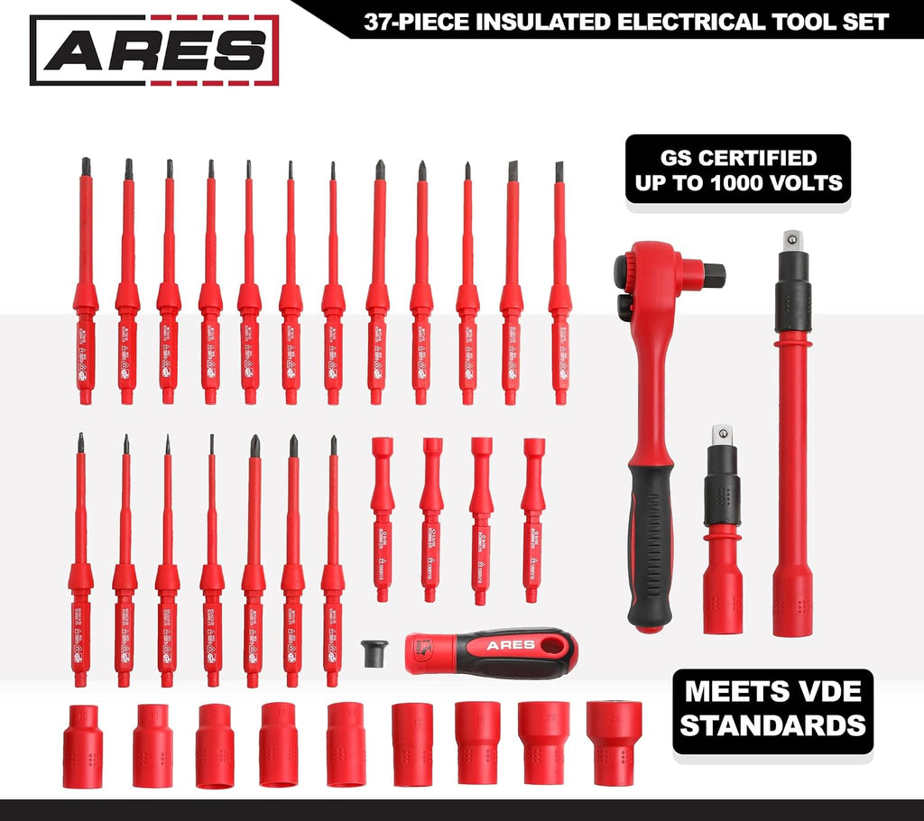 ARES 19004-37-Piece Insulated Electrical Tool Set - Ergonomic Handle with 19 Screwdriver Sizes and 4 Cabinet Keys - 1/2-Inch Drive Ratchet and Extensions - 9 Socket Sizes 10-24mm - Storage Case