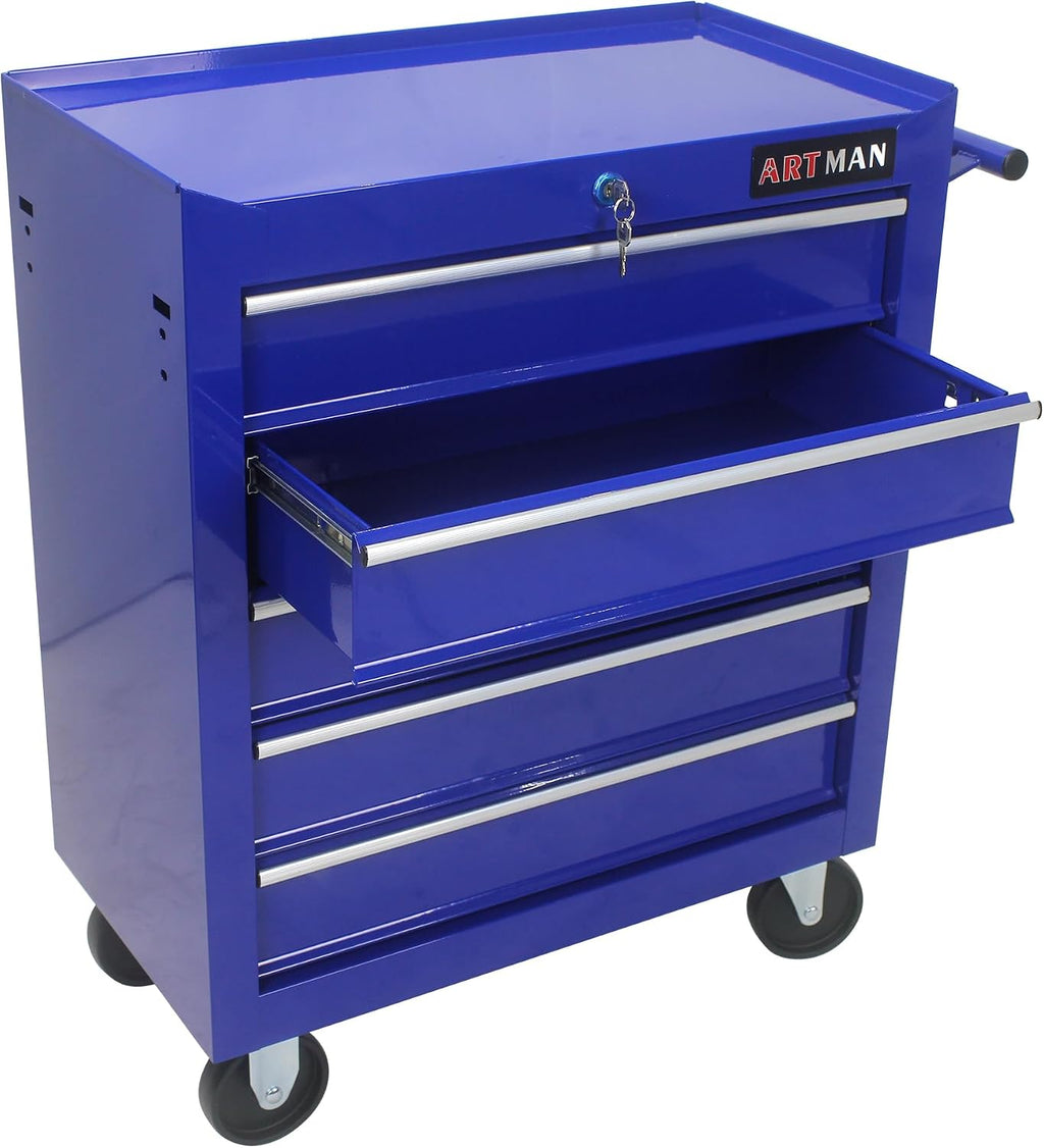 5-Drawer Tool Cart on Wheels, Drawers Rolling Tool Chest with Key Lock, Mobile Trolley Organizer Tools Box with Locking Wheels & Ball Bearing Drawers for Garage,Warehouse,Repair Shop (Blue)