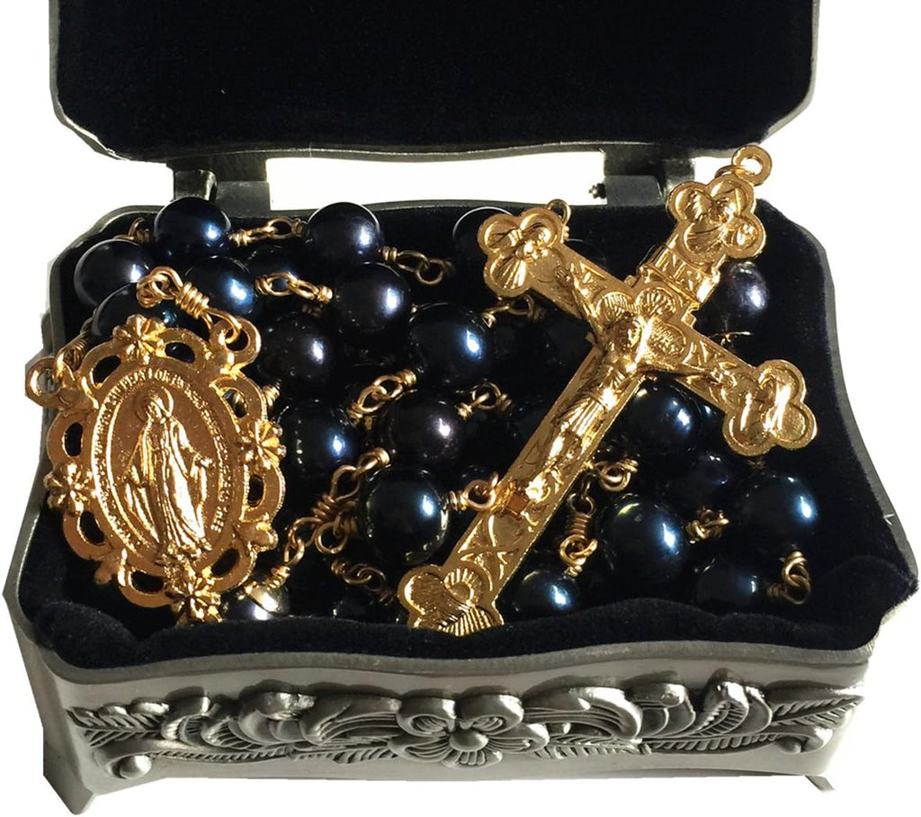 elegantmedical HANDMADE Wire Wrapped Black AAA10mm Real Pearl BEADS GOLD ROSARY CROSS Necklace & box Catholic GIFTS