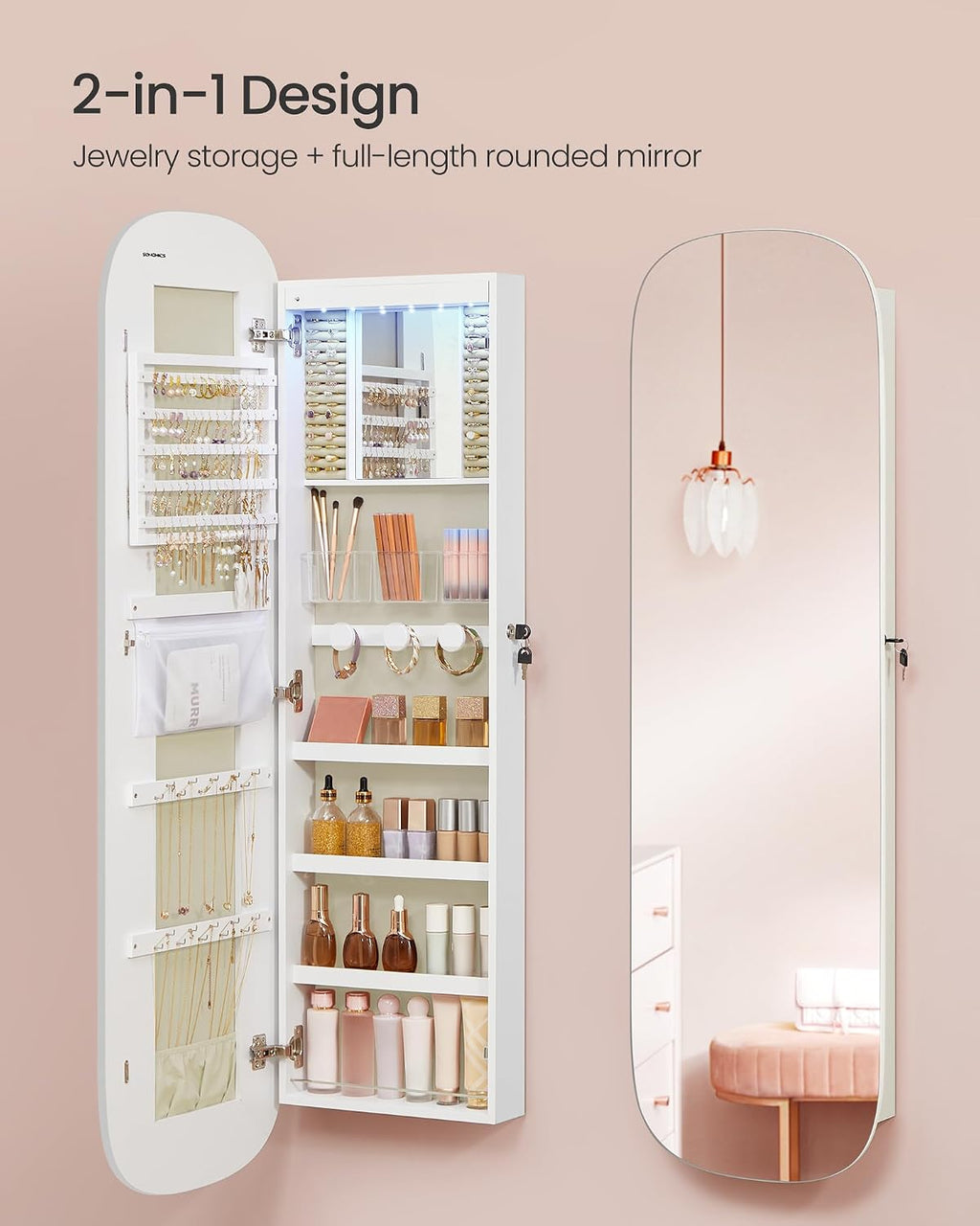 SONGMICS Jewelry Organizer, LED Jewelry Cabinet Wall/Door Mounted, Lockable Rounded Wide Mirror with Storage, Interior Mirror, 3.9 x 16.5 x 55 Inches, White Surface with Greige Lining