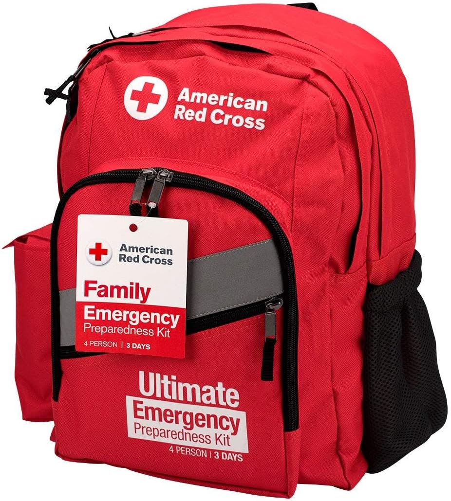 American Red Cross Officially Licensed Product |3-Day Emergency Preparedness Deluxe Backpack | 72 Hour Survival Supplies for 4 People | Water, Phone Charger, Blanket, Food
