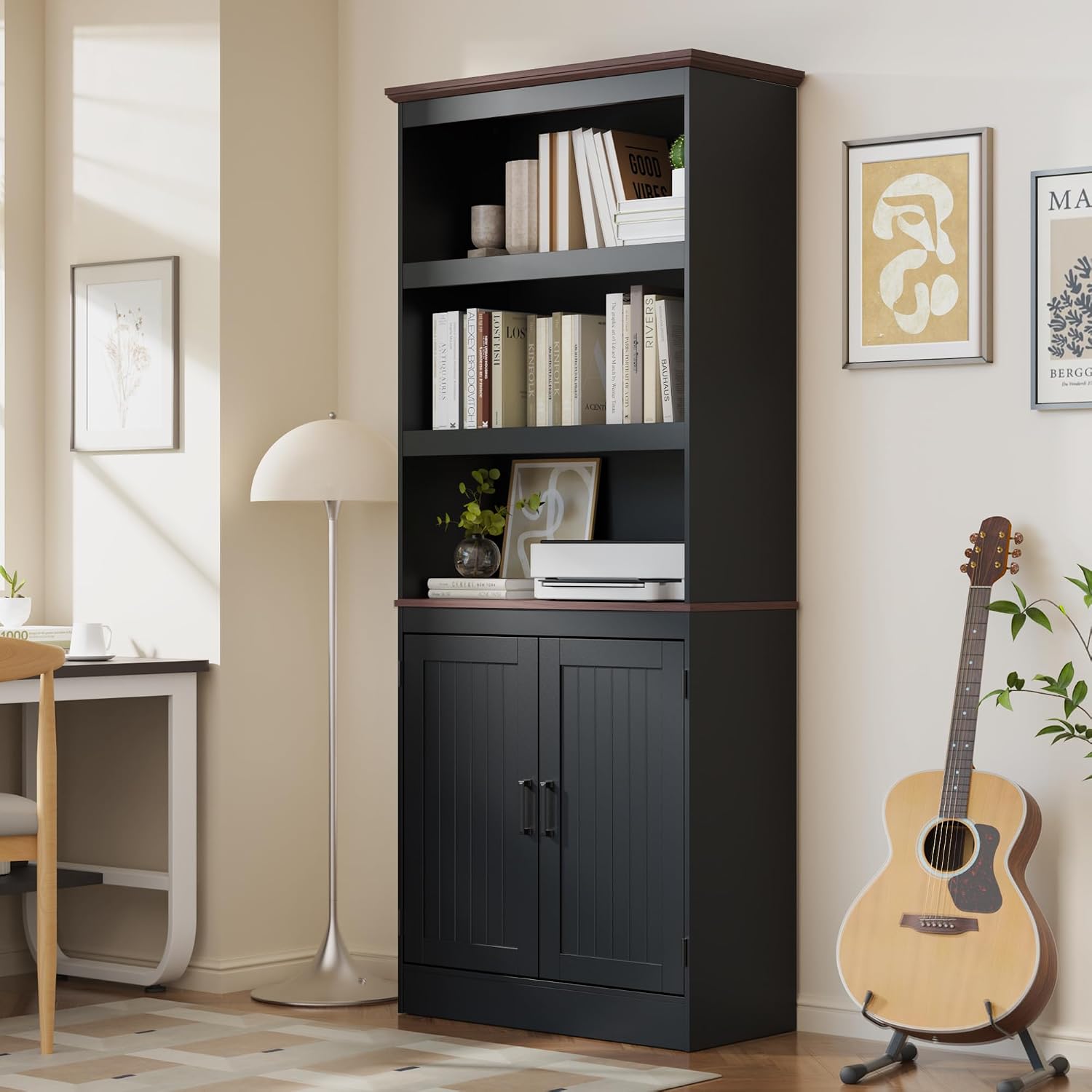 MHOM 71' Tall Bookshelf with Doors, 5 Tiers Farmhouse Bookcase with Adjustable Shelves, Wooden Rustic Display Cabinet for Home Office, Living Room, Black