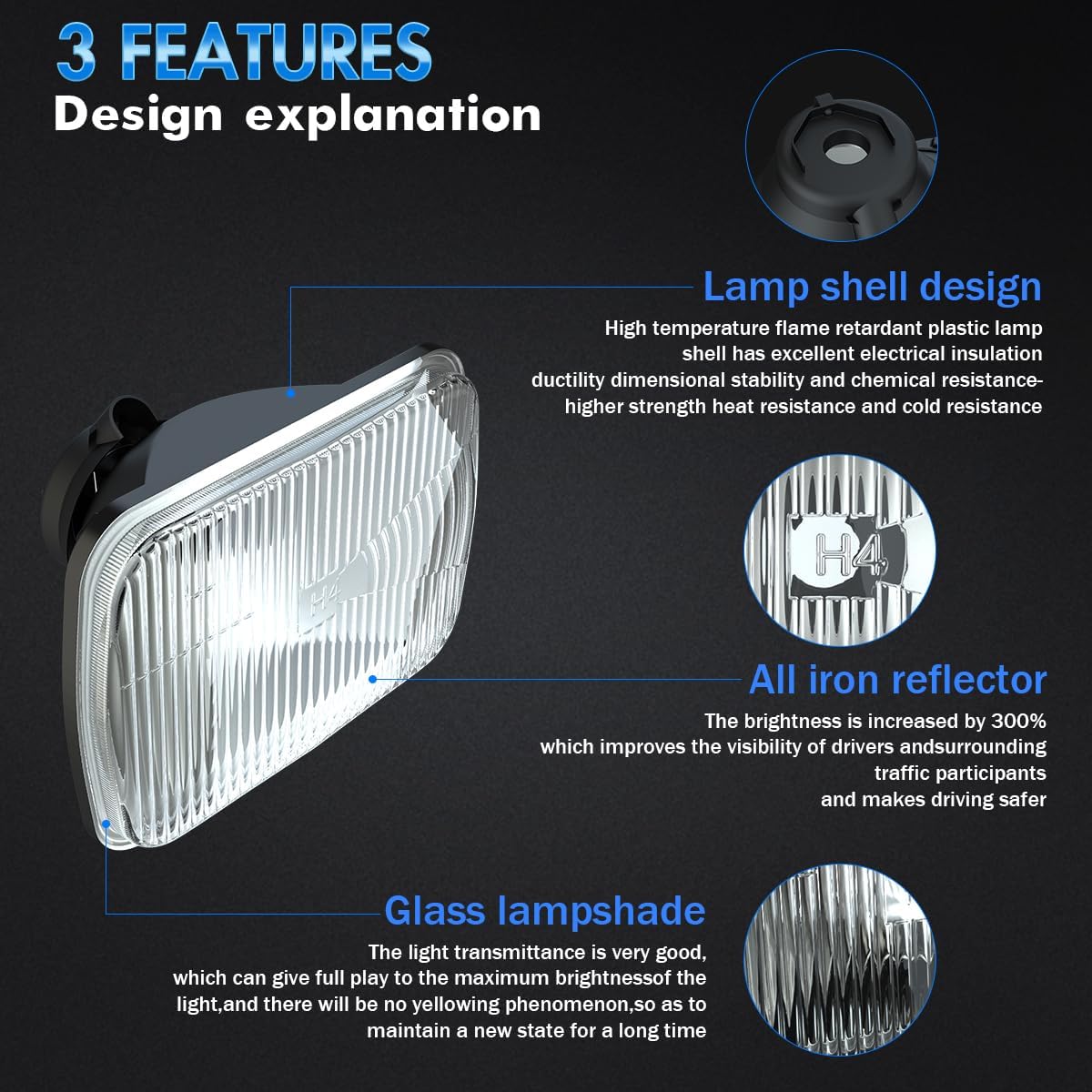 7x6 inch H6054 Super Vision Crystal Headlight Square Glass Lens Housing + H4 High Low Sealed Beam Headlight Lamp for Cars, Truck and Van, 4 PCS
