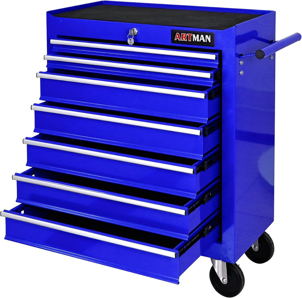 7 Drawers Tool Cart on Wheels, 7 Drawer Rolling Tool Chest with Key Lock, Trolley Organizer Tool Case, Multifunctional Rolling Tool Box for Garage,Warehouse,Workshop,Repair Shop (Blue)