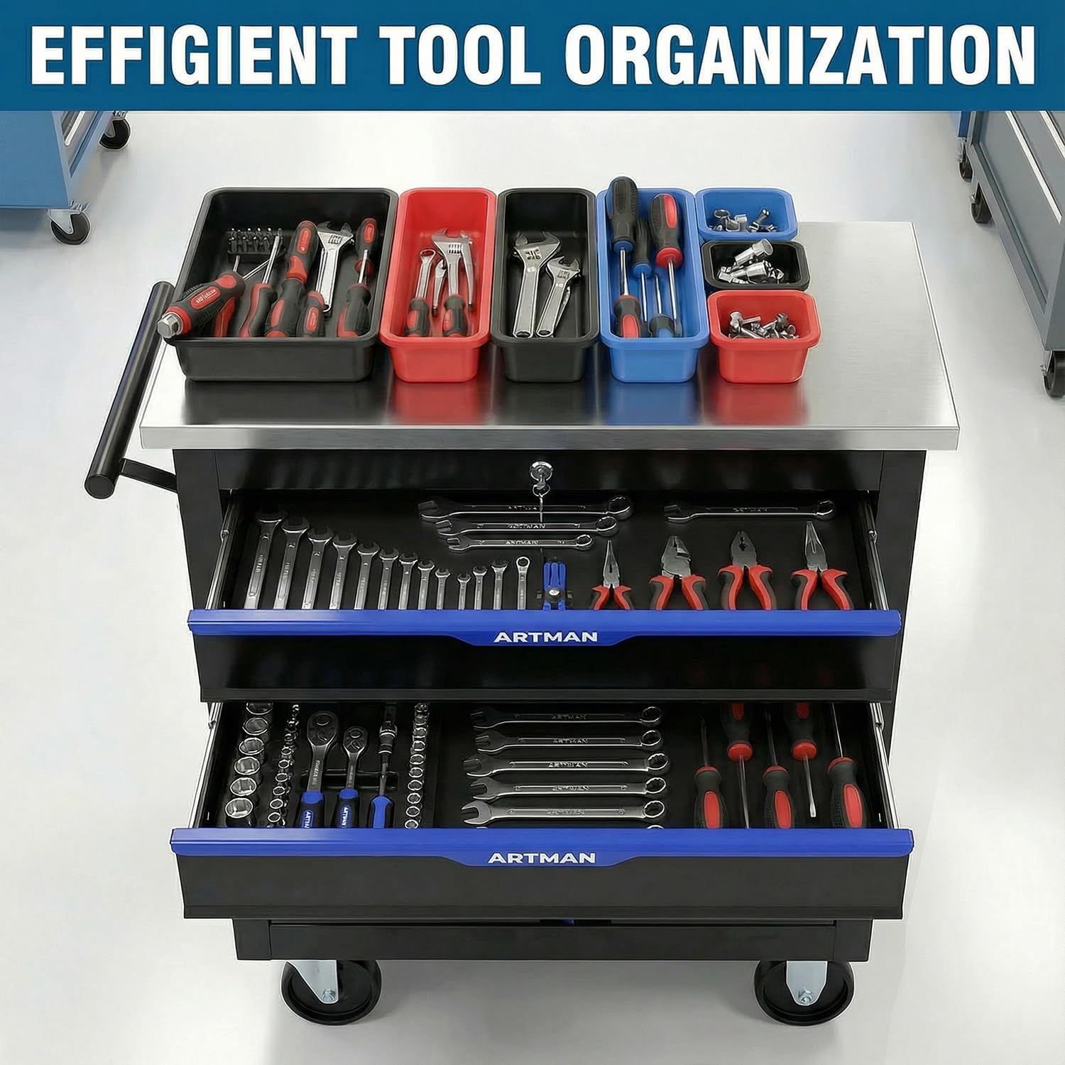 5-Drawer Rolling Tool Chest with Stainless Steel Countertop,Tool Chest with Secure Locking System,Mobile Storage Tool Cabinet with 360°Wheels and Padded Feet,for Home,Garage (Black+Blue)