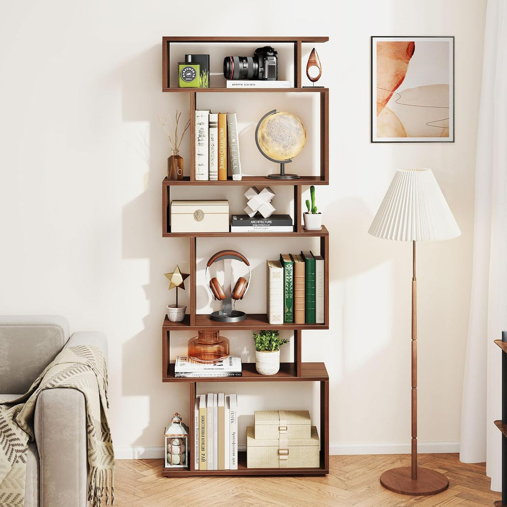 Giantex 6-Tier Geometric Bookshelf Set of 2, S-Shaped Bookcase with 2 Anti-Tipping Kits, Wooden Display Shelf, Decorative Storage Shelving Unit, Home Storage Organizer for Office Living Room, Walnut