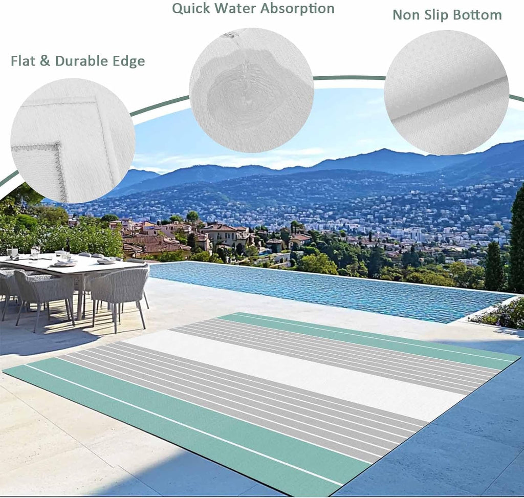 Outdoor Rug 4x6ft Turquoise Grey Striped Line Patio Area Rugs Waterproof Easy Cleaning Non Shedding Thick Mats Carpet for Indoor Outdoor Porch Deck Backyard Balcony