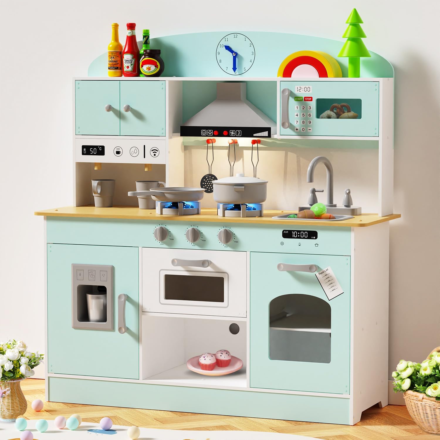 Babytronic Wooden Play Kitchen Set, Pretend Play Kitchen with Lights and Sounds for Kids Ages 3+, Includes Stove, Oven, Microwave, Coffee Maker, and Accessories, Toy Kitchen Set for Toddlers (Blue)