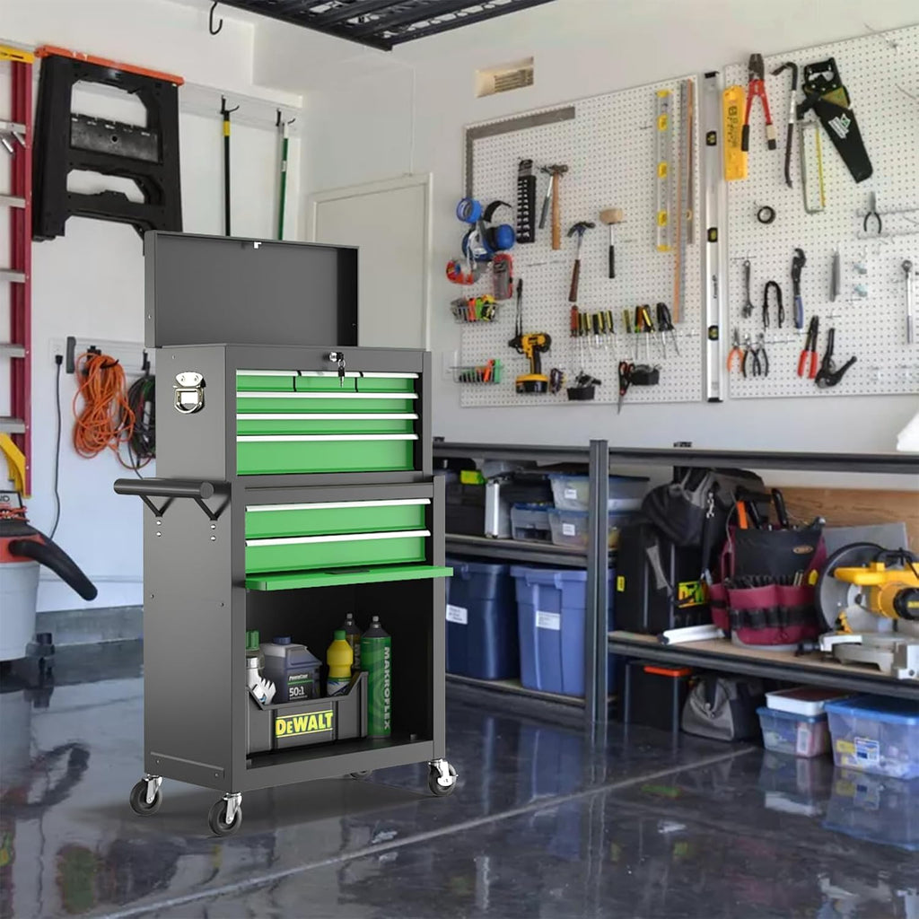 8 Drawer Tools Chest,42.9 inch Tool Cabinet with Universal Lockable Wheels，Organizable Tool Box with Detachable Top Box for Workshop，Blackgreen