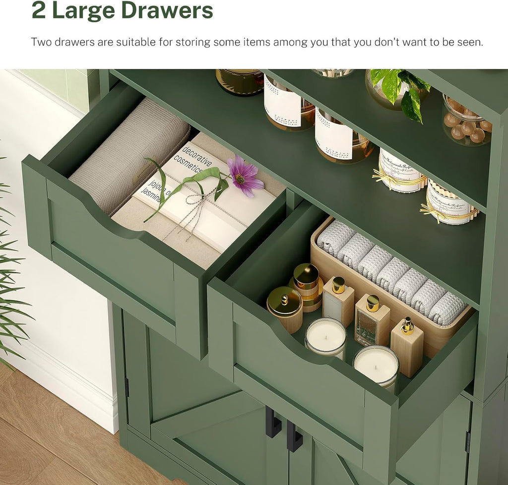 TEENFON Bathroom Cabinet with Adjustable Shelf & 2 Drawers, Farmhouse Storage Cabinet with 2 Doors, Kitchen Storage Cabinets for Living Room, Entryway, Home Office, Forest Green
