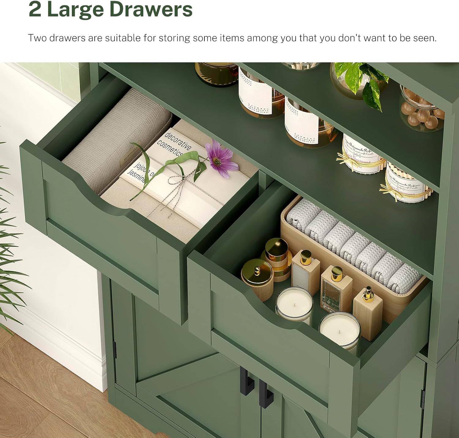 TEENFON Bathroom Cabinet with Adjustable Shelf & 2 Drawers, Farmhouse Storage Cabinet with 2 Doors, Kitchen Storage Cabinets for Living Room, Entryway, Home Office, Forest Green