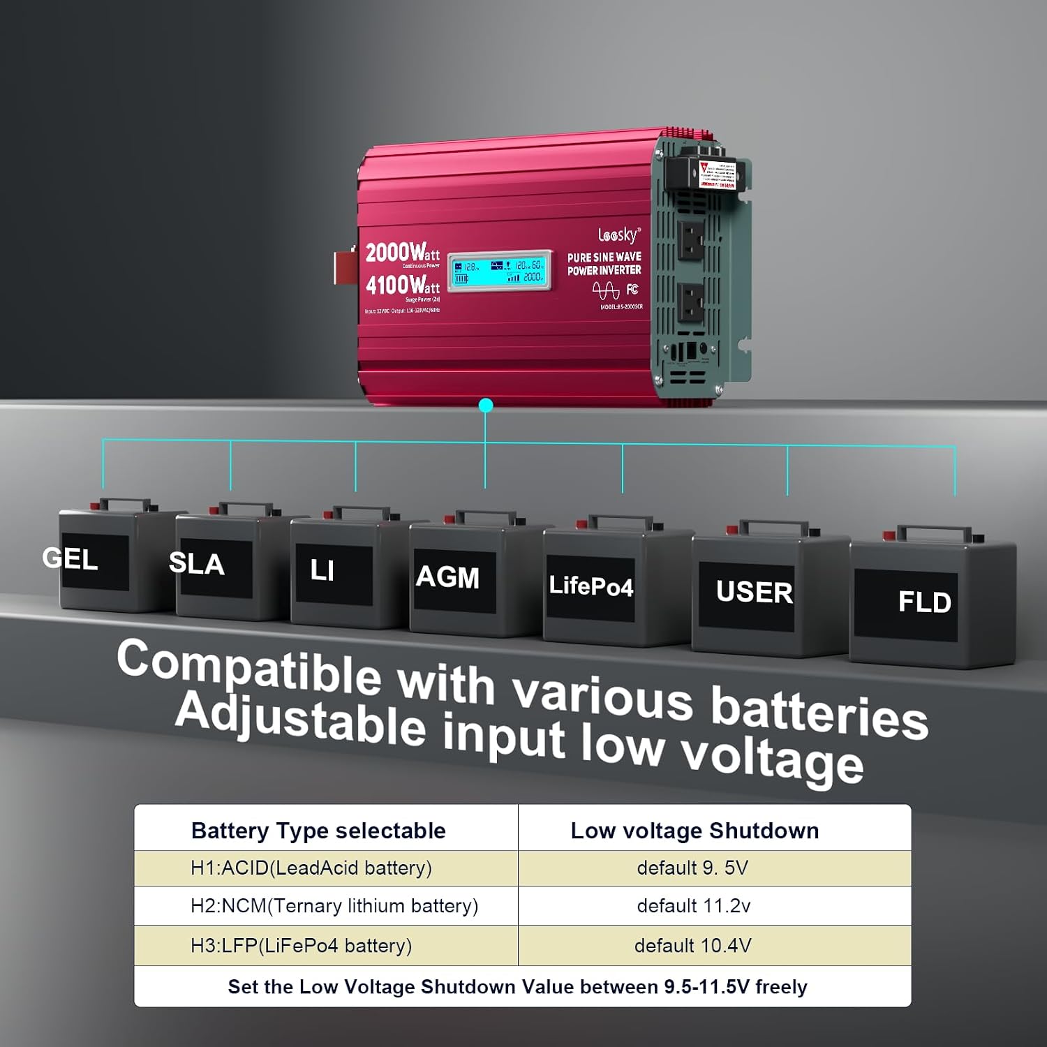 2000 Watt Pure Sine Wave Inverter 12V to 110V 120V AC 4100W Surge Peak Power for 2s Remote Control PD36W USB-C Compatible with Lithium Battery Starlink for Off-Grid Solar System RV Car Home LEESKY