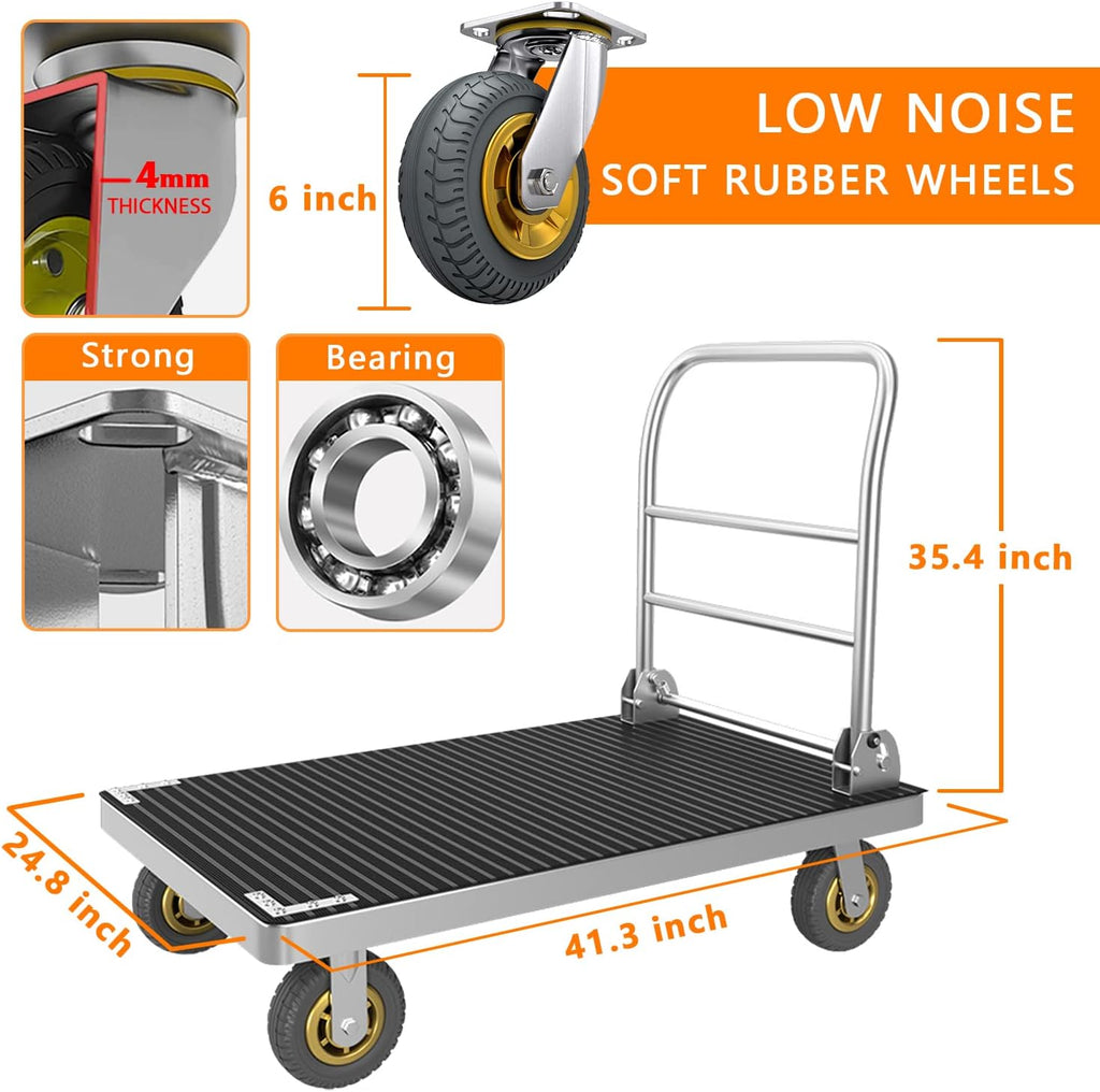 Platform Truck Cart, Foldable Push Cart Dolly Large Flatbed w/Rubber Mat and 6'' Wheels, 2200LBS Capacity Steel Heavy Duty Moving Platform Trucks Hand Cart for Groceries, Garage (41.3'x24.8')