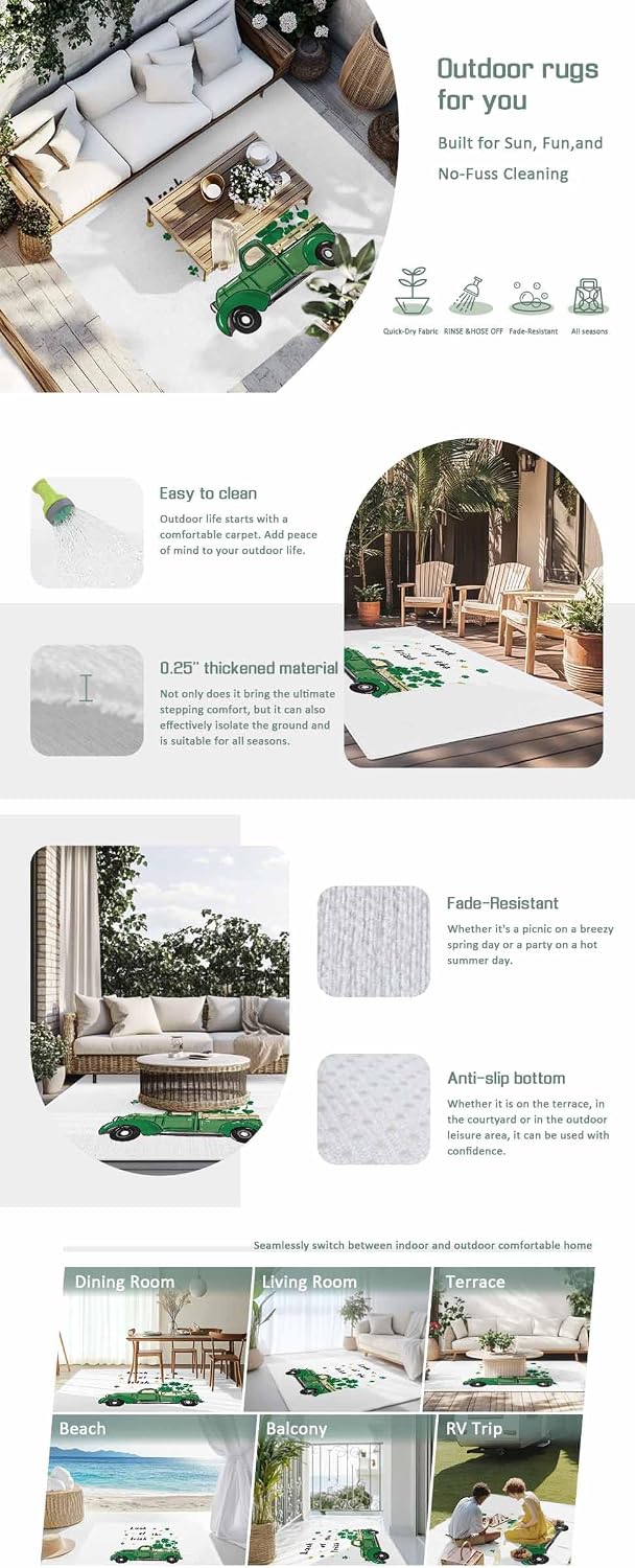 Outdoor Rug 4x6ft Saint Patrick's Day Green Irish Shamrock Leaf Truck Patio Area Rugs Waterproof Easy Cleaning Non Shedding Thick Mats White Carpet for Indoor Outdoor Porch Deck Backyard Balcony